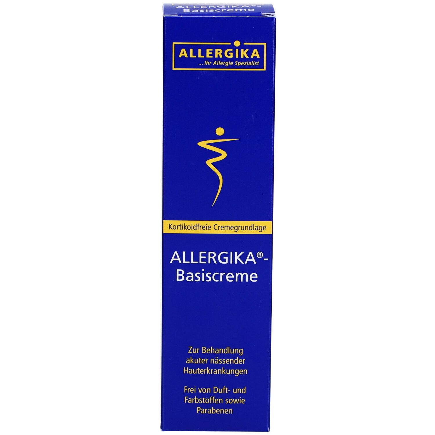 Blaue Schachtel. Aufschrift: ALLERGIKA Basiscreme. Logo: gelbe Figur. Text: kortikoidfreie Creme. Für Hauterkrankungen.