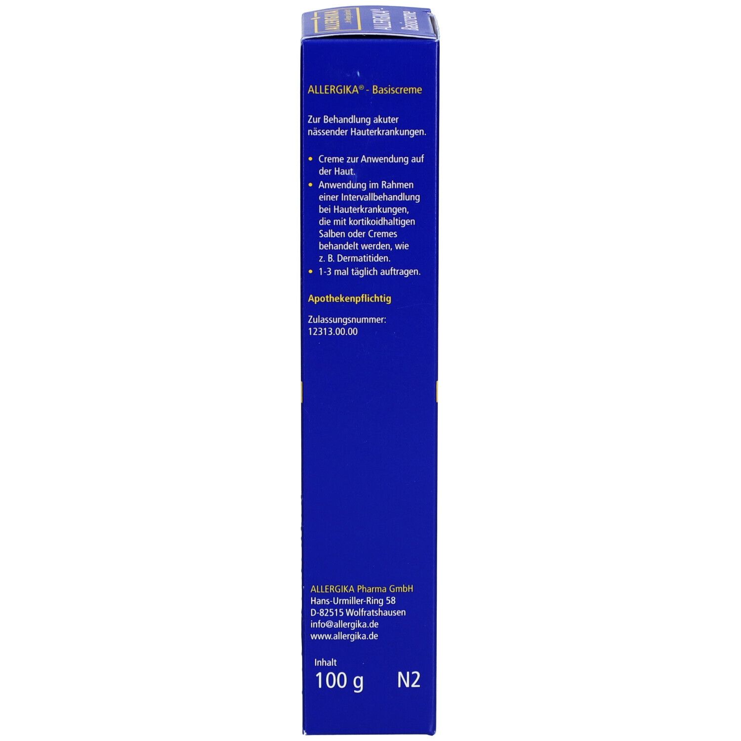 Blaue Schachtel. Aufschrift: ALLERGIKA Basiscreme. Text: Anwendungshinweise, Inhaltsstoffe, 100g, N2.