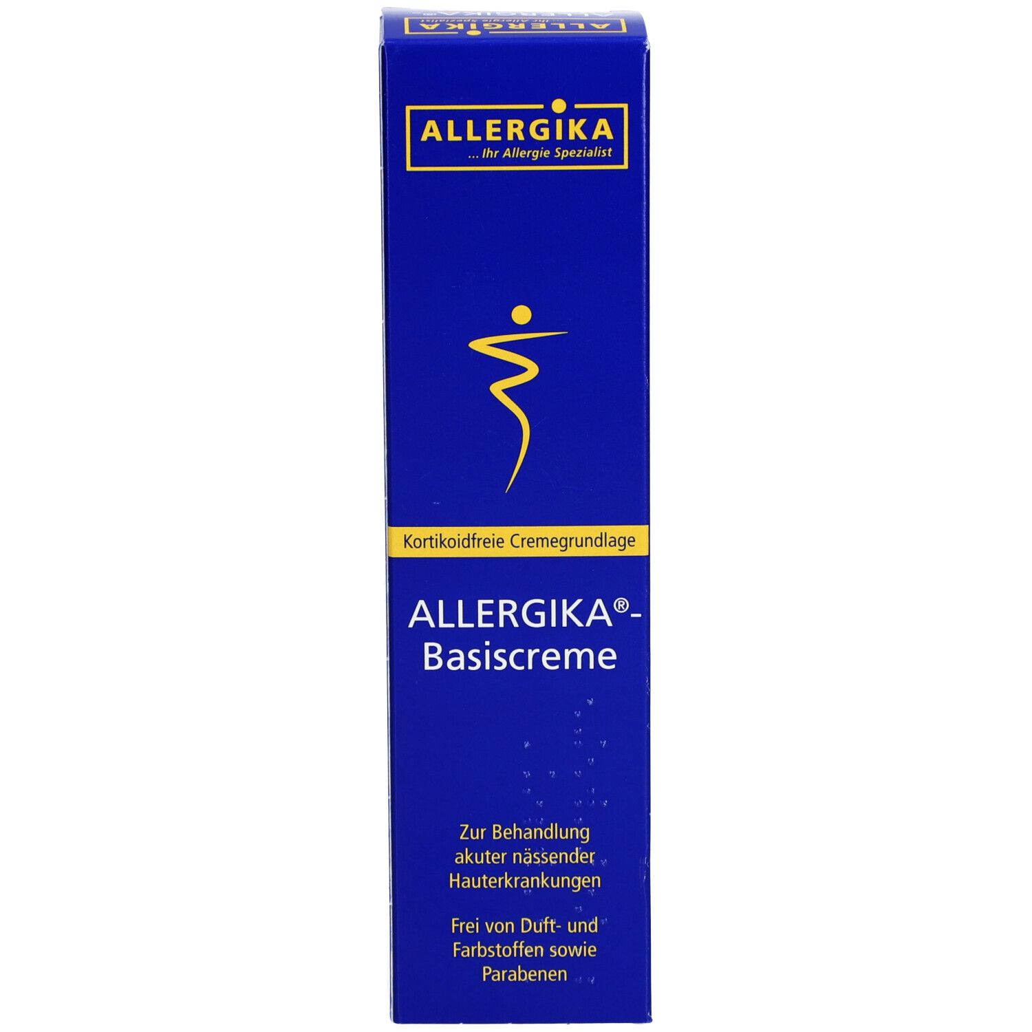 Blaue Schachtel. Aufschrift: ALLERGIKA Basiscreme. Logo: gelbe Figur. Text: kortikoidfreie Creme. Für Hauterkrankungen.