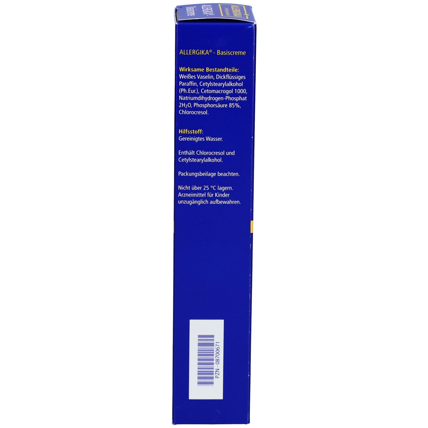 Blaue Schachtel. Aufschrift: ALLERGIKA Basiscreme. Text: Inhaltsstoffe, Barcode.