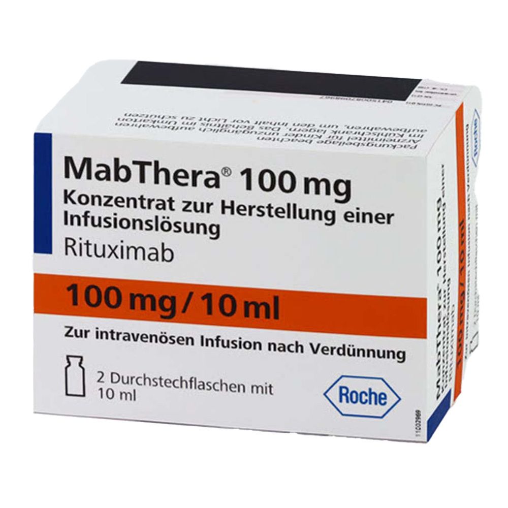 Schachtel mit Aufschrift MabThera 100 mg. Konzentrat zur Herstellung einer Infusionslösung. Enthält 2 Durchstechflaschen mit 10 ml.