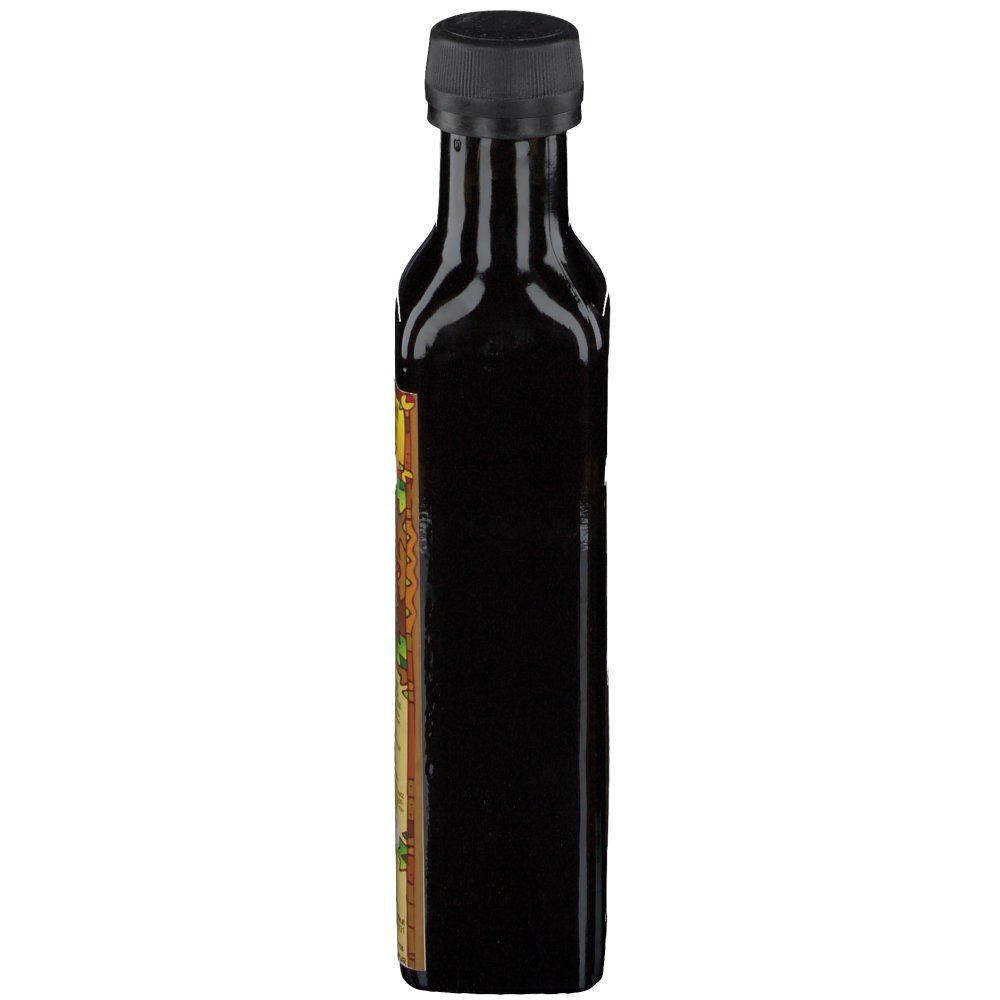 Braune Glasflasche mit schwarzem Verschluss, Seitenansicht. Etikett teilweise sichtbar.