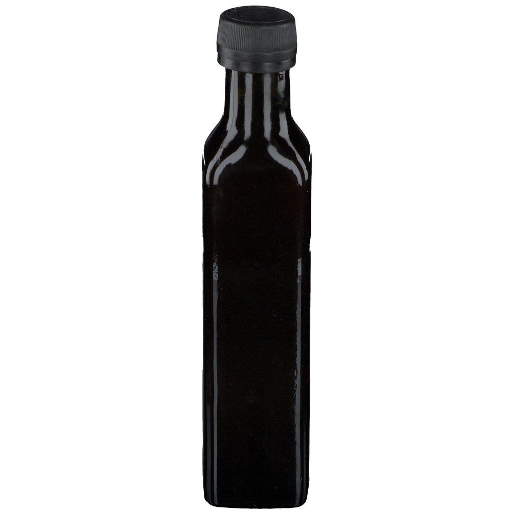 Braune Glasflasche mit schwarzem Verschluss, ohne Etikett.