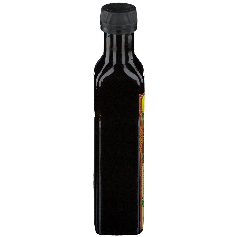 Braune Glasflasche mit schwarzem Verschluss, Seitenansicht. Etikett teilweise sichtbar.