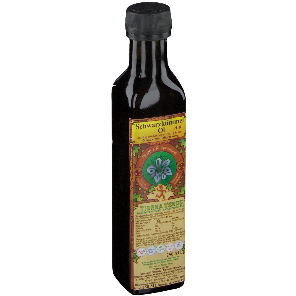 Braune Glasflasche mit schwarzem Verschluss. Etikett mit Produktbezeichnung und Logo.