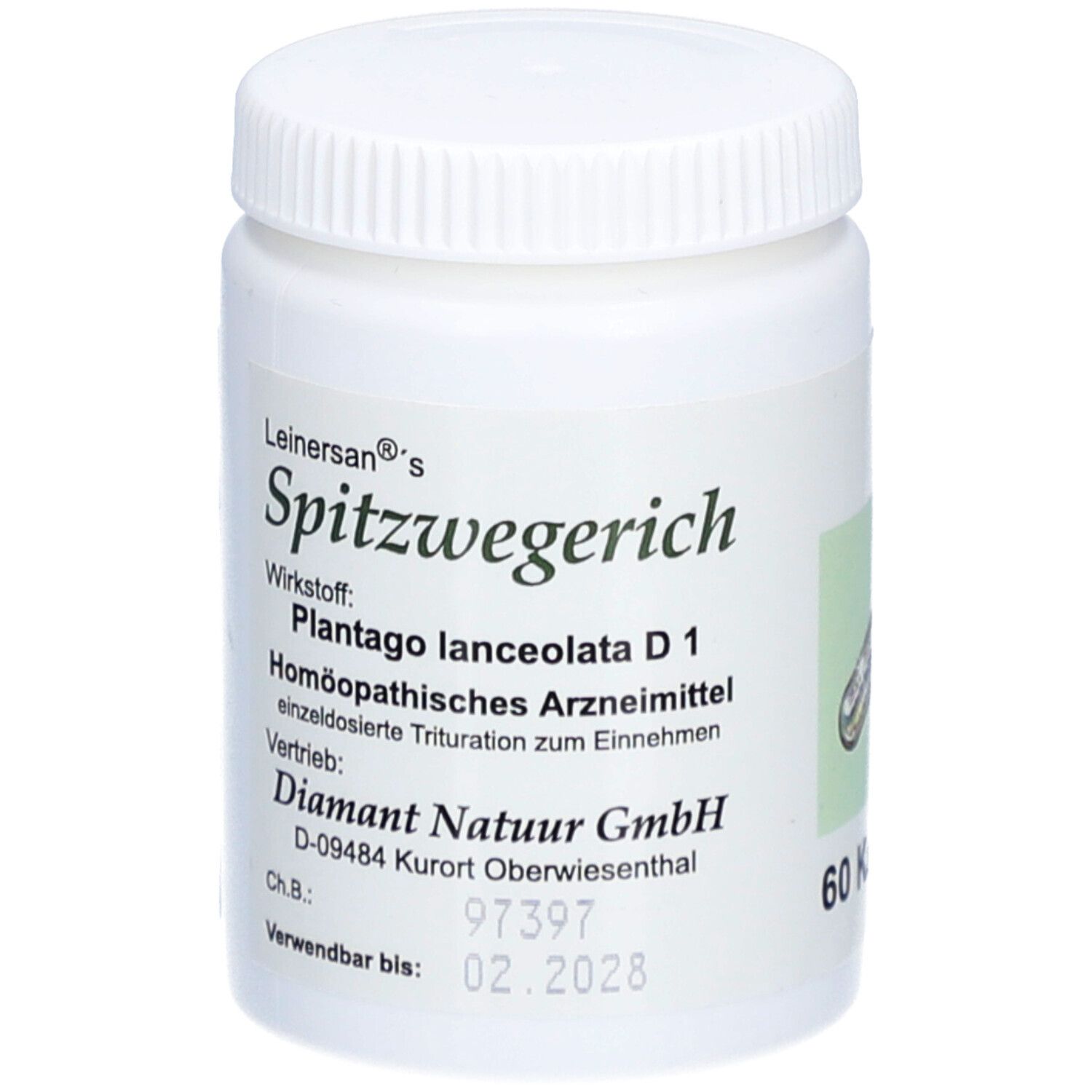 Weiße Flasche mit Schraubverschluss. Aufkleber mit Produktnamen, Inhaltsstoffen und Herstellerinformationen.