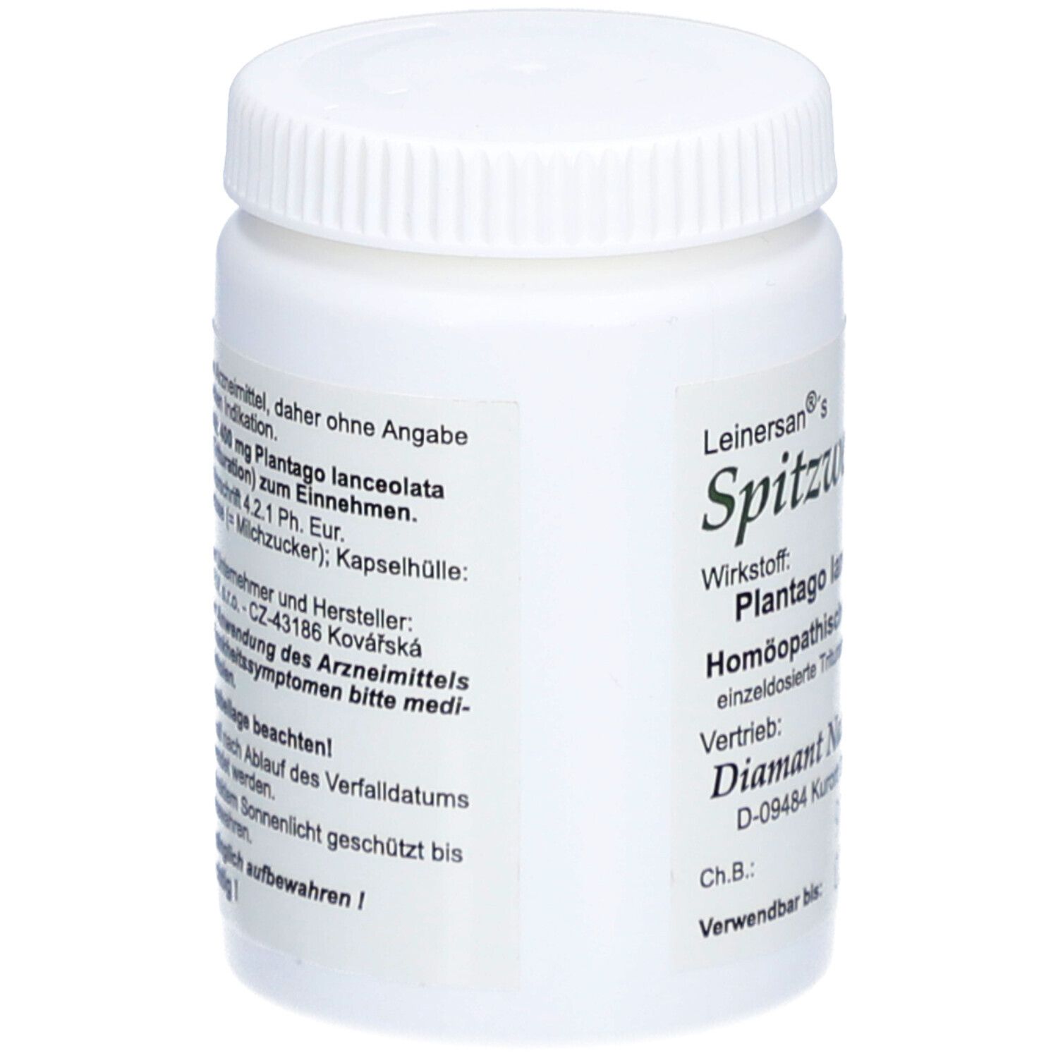 Weiße Flasche mit Schraubverschluss. Aufkleber mit Produktinformationen und Verfallsdatum.