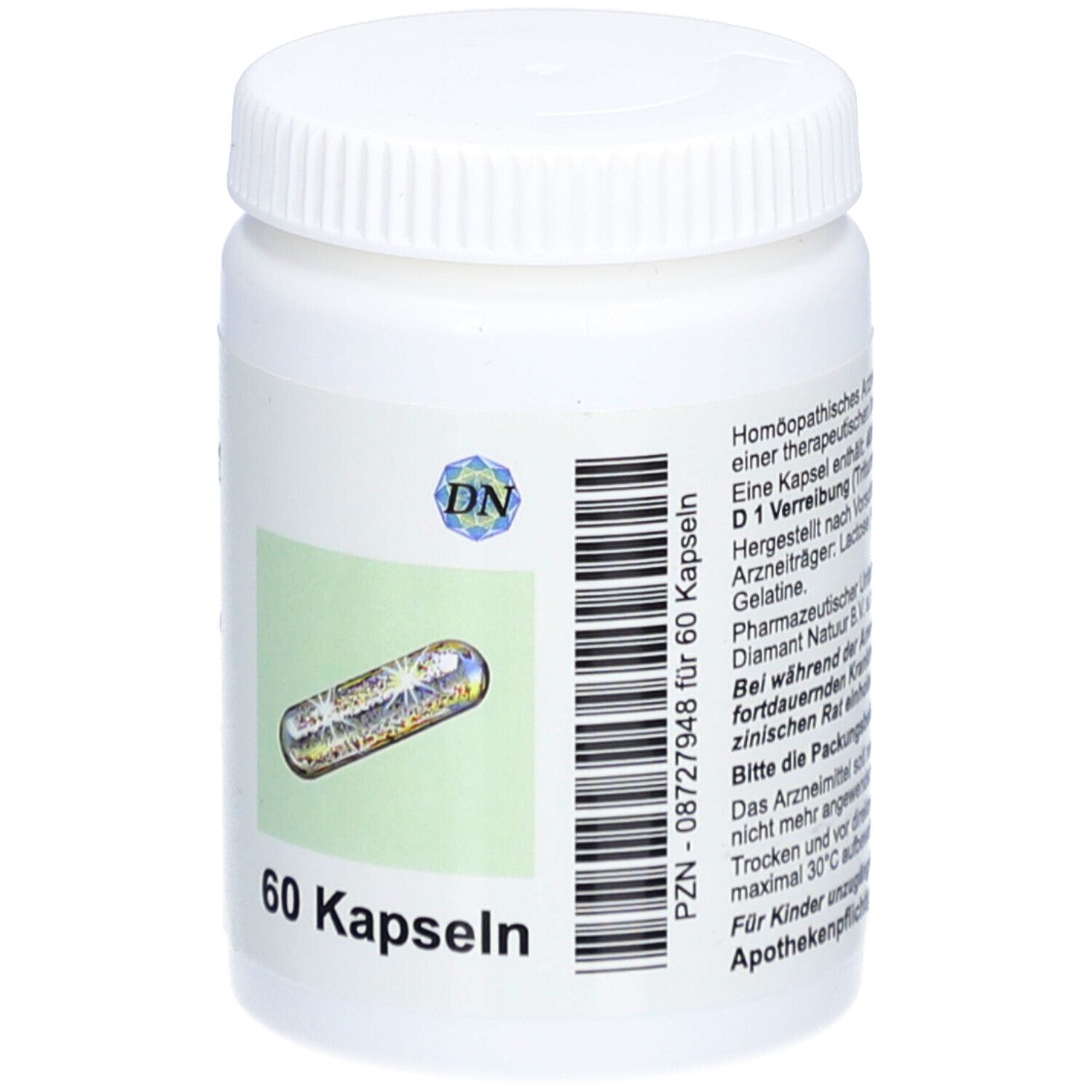 Weiße Flasche mit Schraubverschluss. Aufkleber mit Kapsel-Illustration und Schriftzug "60 Kapseln".