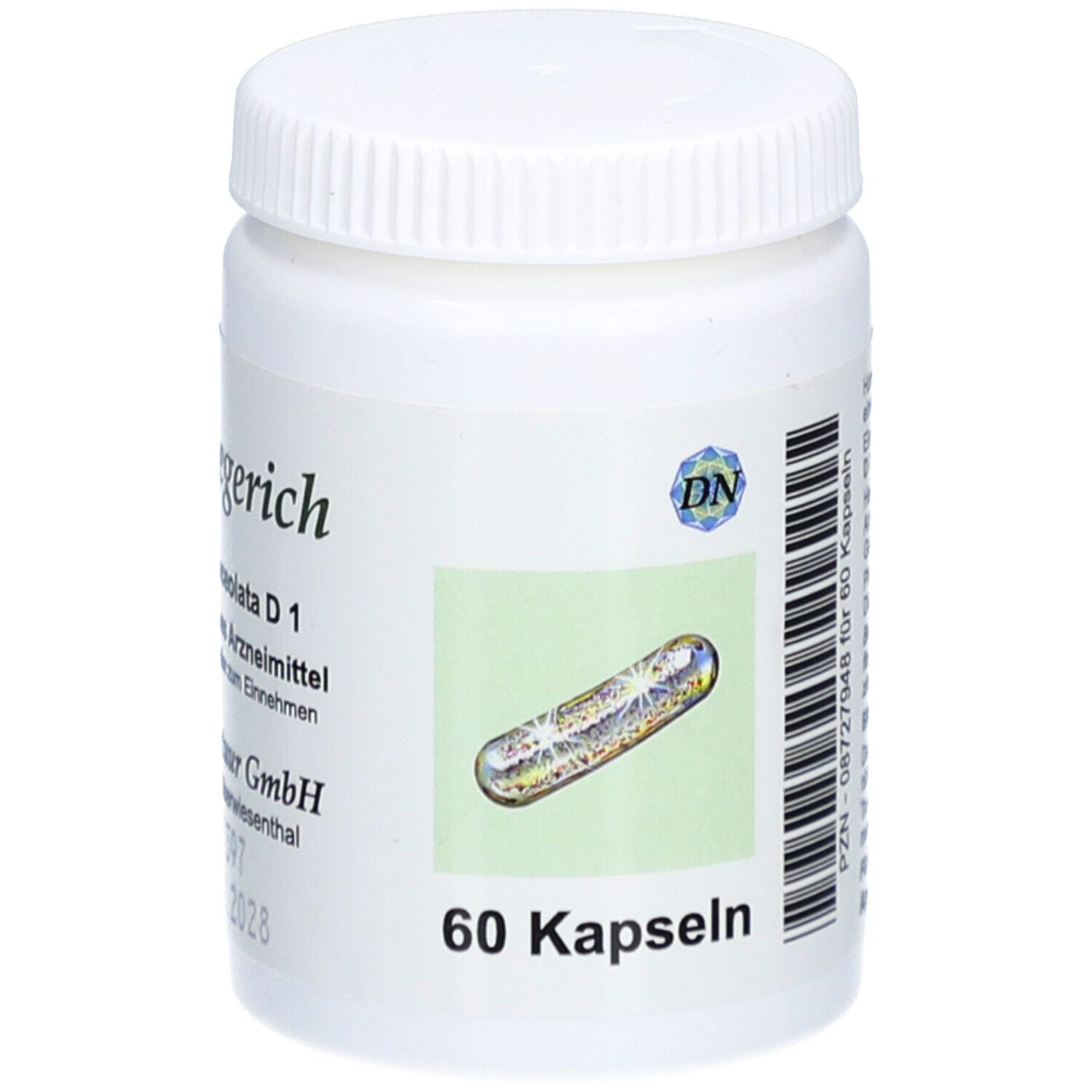 Weiße Flasche mit Schraubverschluss. Aufkleber mit Kapsel-Illustration und Schriftzug "60 Kapseln".