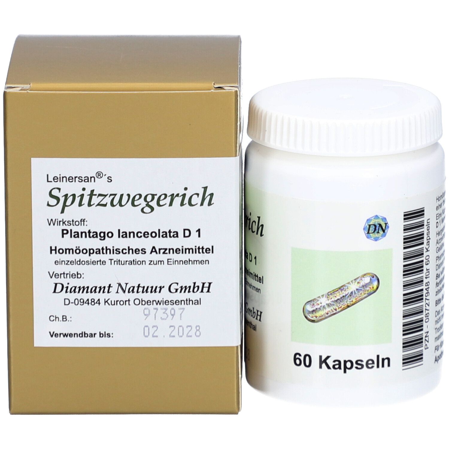 Weiße Flasche mit Schraubverschluss und braune Schachtel. Aufkleber mit Produktinformationen.