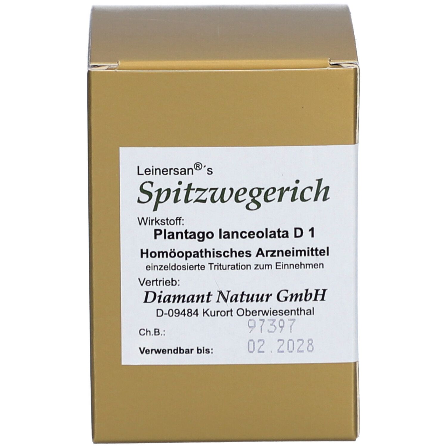 Braune Schachtel mit Produktinformationen und Verfallsdatum.