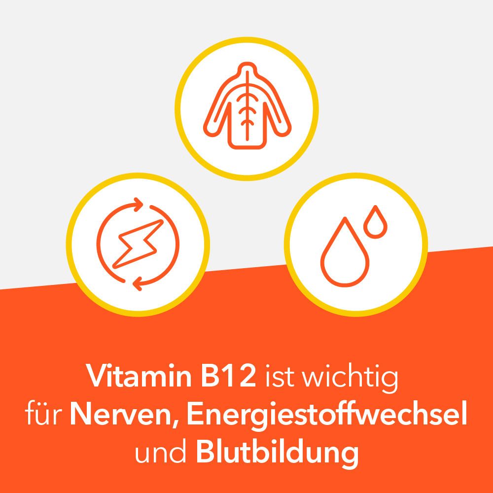 Grafik mit Symbolen: Körper, Blitz, Tropfen. Text: Vitamin B12 ist wichtig für Nerven, Energiestoffwechsel und Blutbildung.