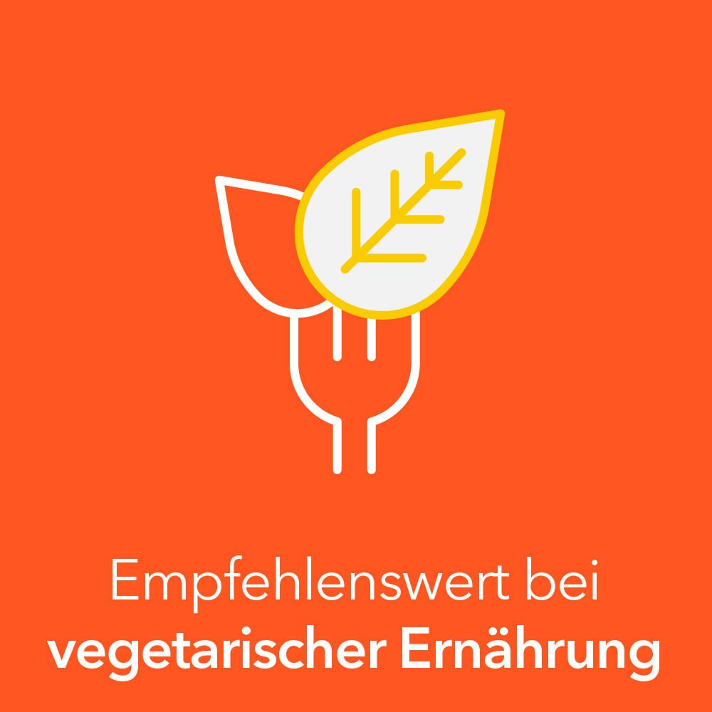 Gabel mit Blatt. Text: Empfehlenswert bei vegetarischer Ernährung.