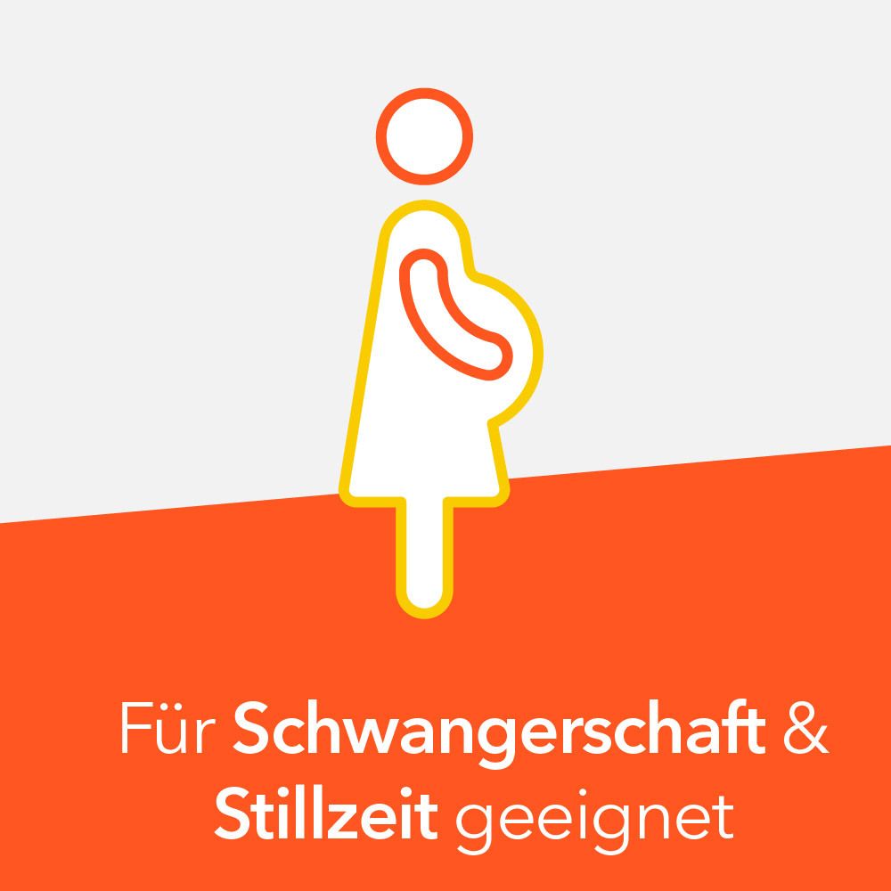 Strichmännchen-Frau schwanger. Text: Für Schwangerschaft & Stillzeit geeignet.