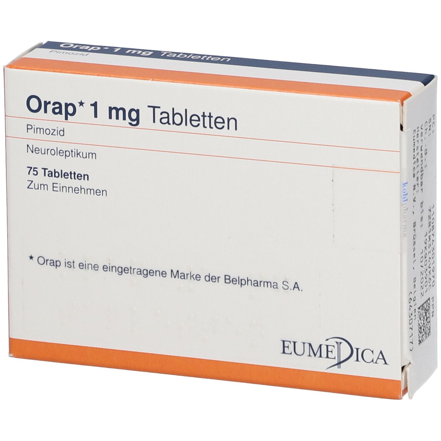 Orap* 1 mg Tabletten-Packung. Orange-weißes Rechteck mit Text: Orap* 1 mg, Pimozid, 75 Tabletten. EUMEDICA-Logo.