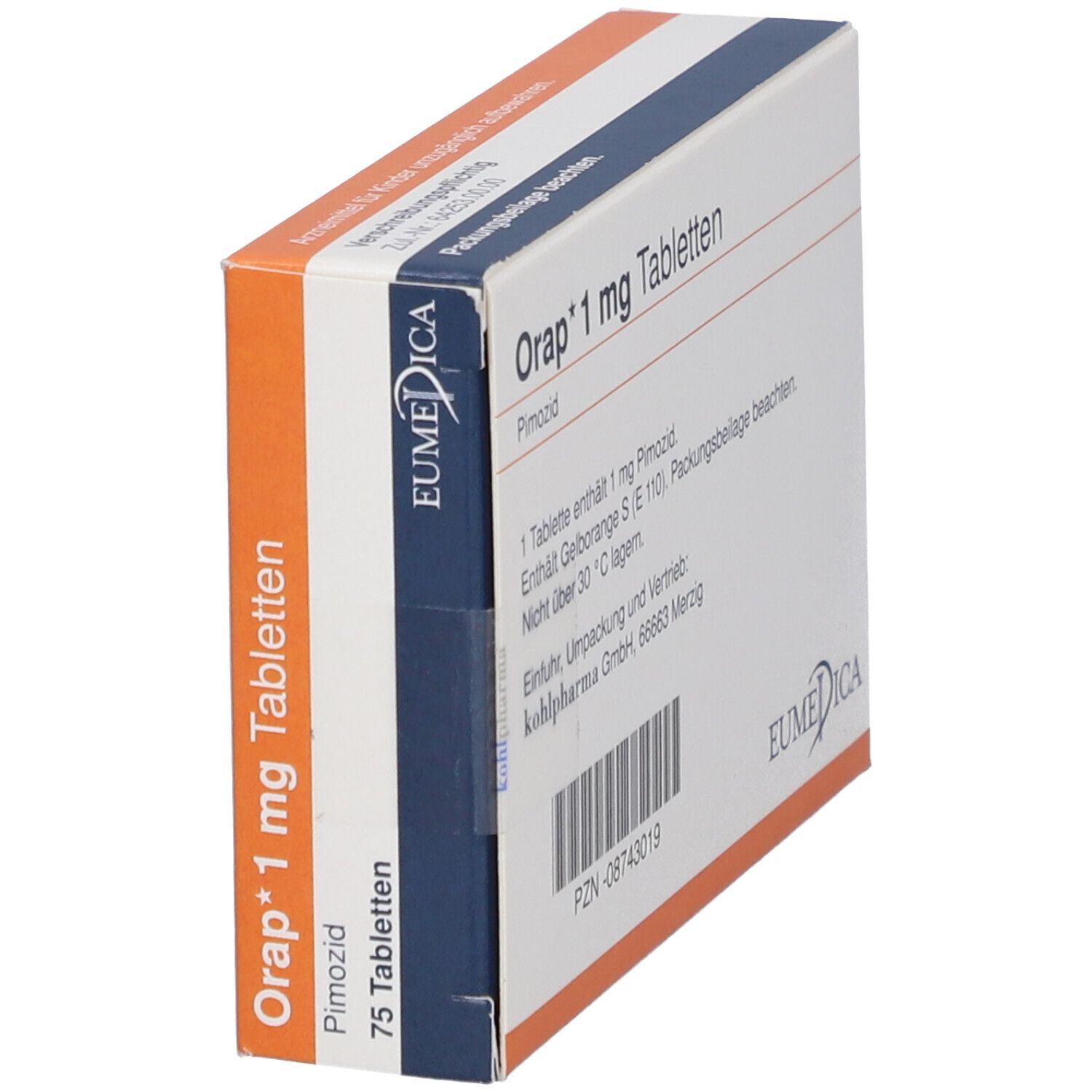 Orap 1 mg Tabletten-Packung, schräg. Rückseite sichtbar. Text: Packungsbeilage beachten. Marke: Eumedica.