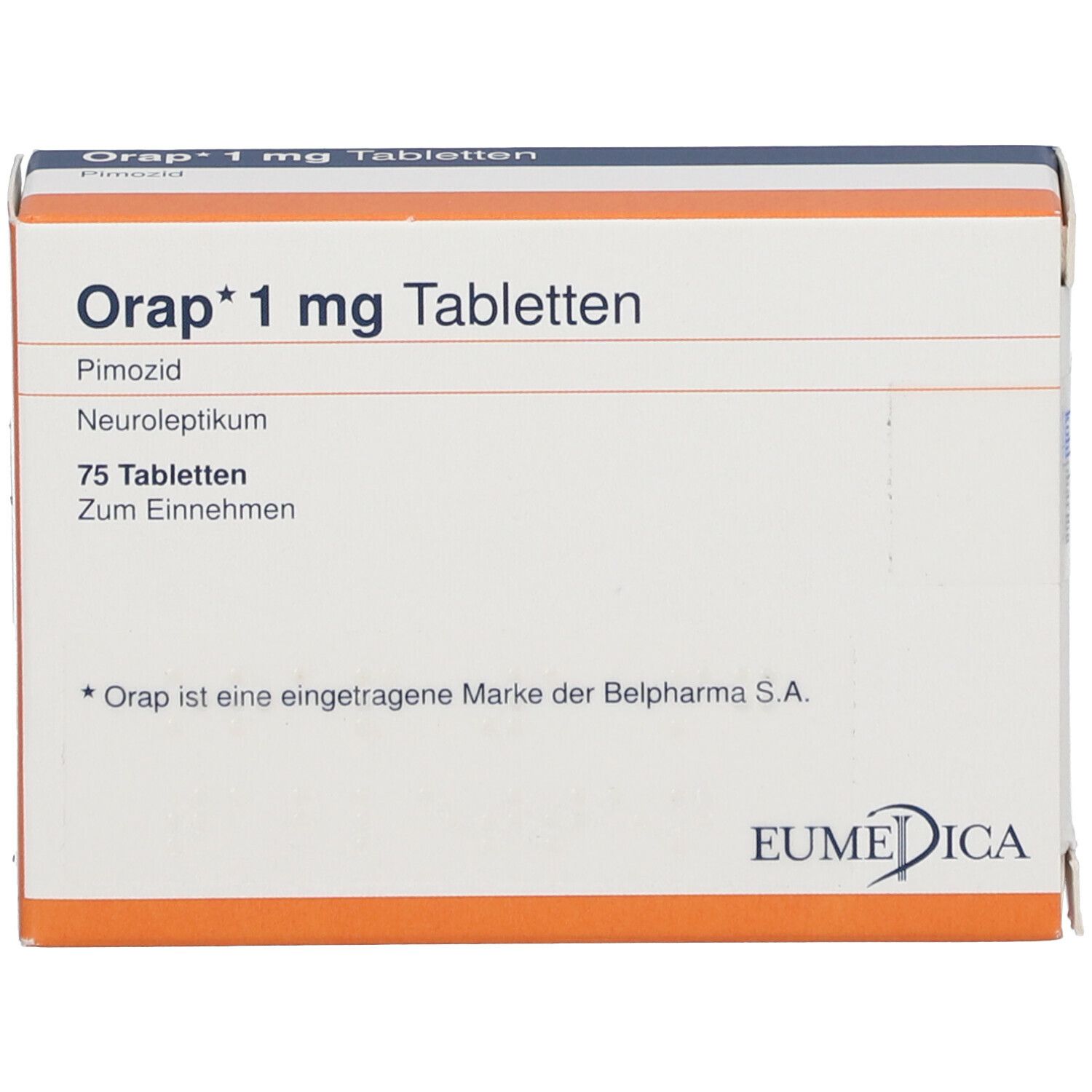 Orap* 1 mg Tabletten-Packung. Orange-weißes Rechteck mit Text: Orap* 1 mg, Pimozid, 75 Tabletten. EUMEDICA-Logo.