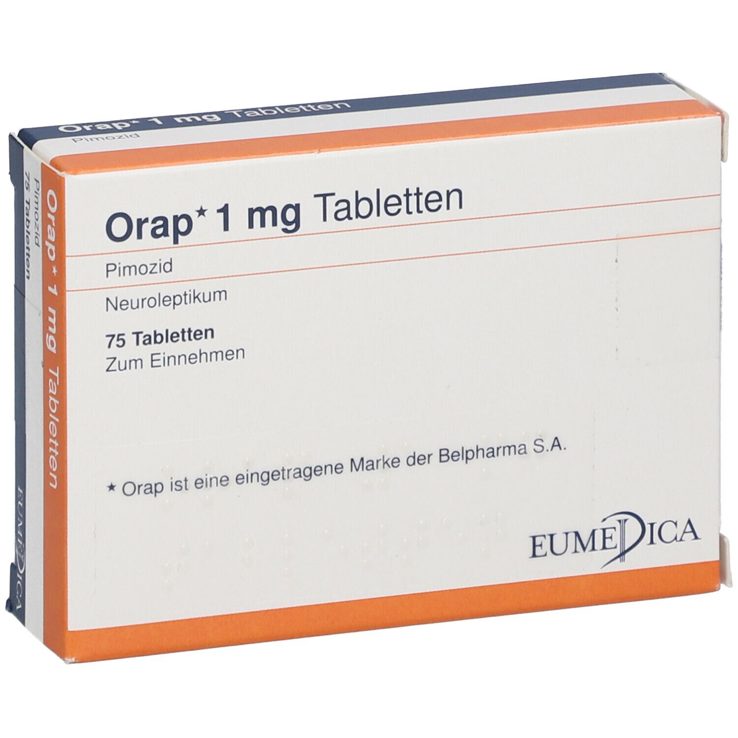 Orap* 1 mg Tabletten-Packung, schräg. Orange-weißes Rechteck mit Text: Orap* 1 mg, Pimozid, 75 Tabletten. EUMEDICA-Logo.