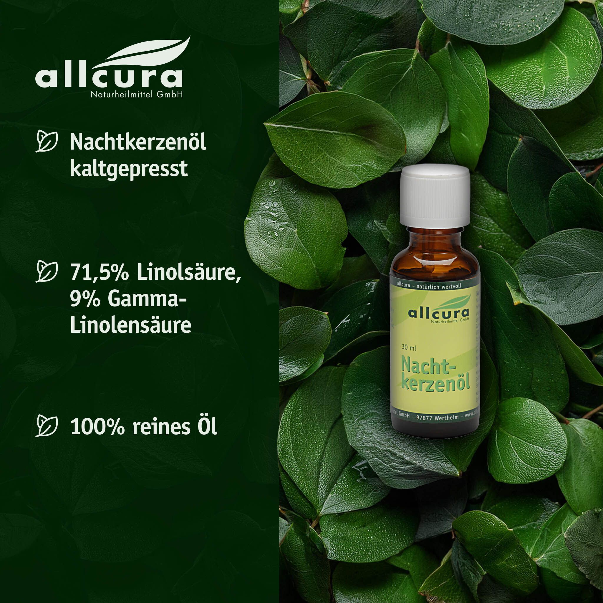 Flasche mit Etikett vor grünem Hintergrund. Text: Nachtkerzenöl, kaltgepresst, 71,5% Linolsäure.