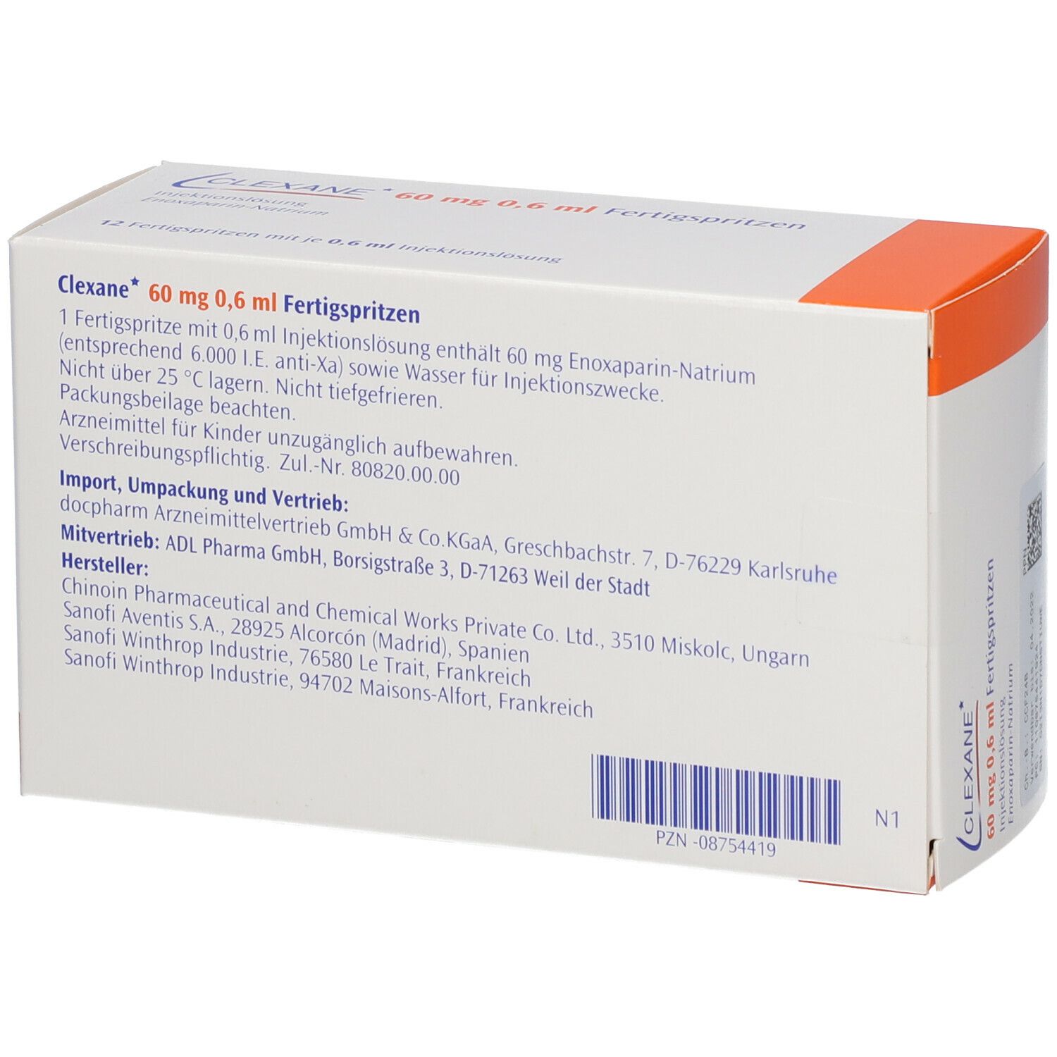 Rückseite der Clexane-Verpackung. Informationen zu Inhalt, Anwendung und Hersteller. Marke sanofi-aventis.