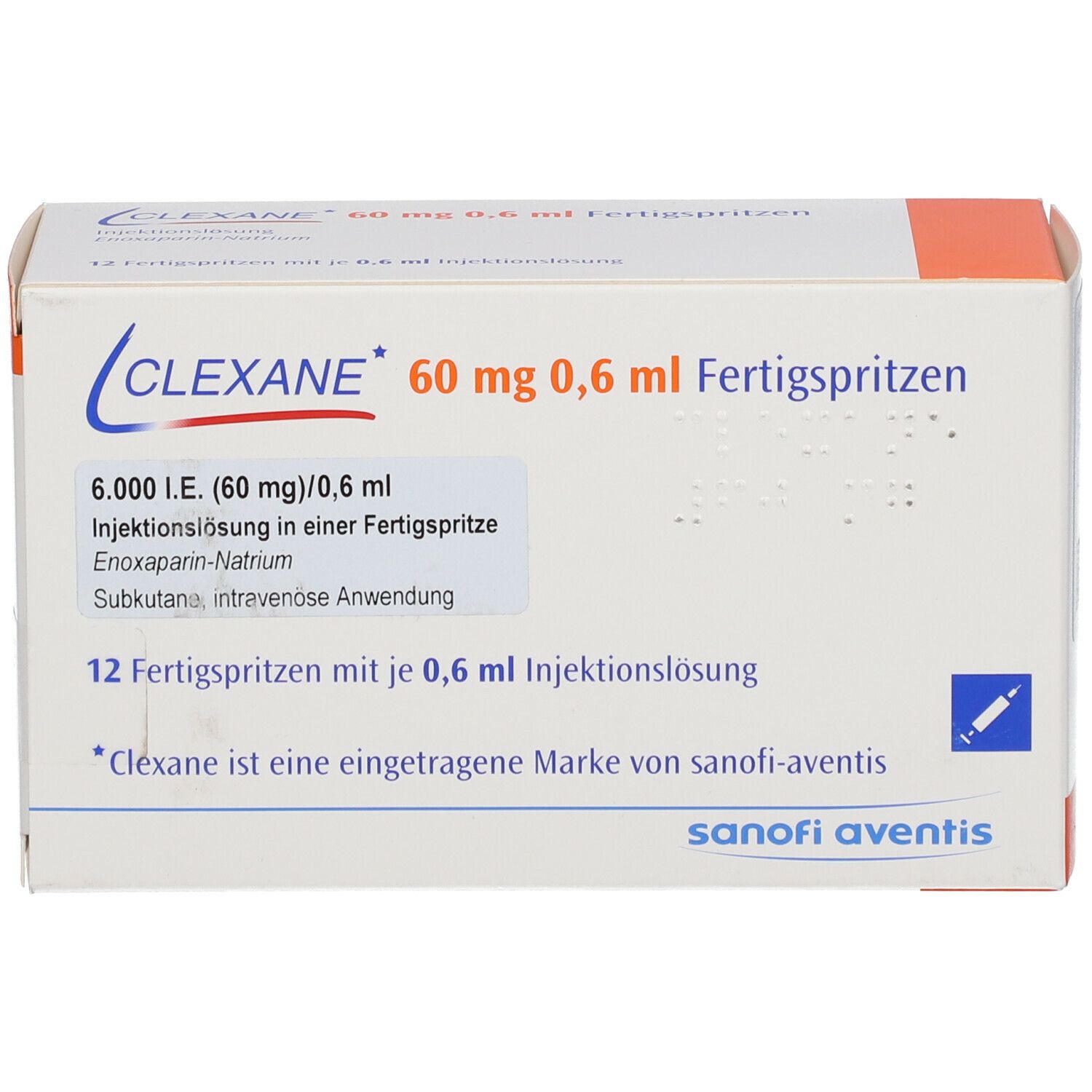 Clexane-Verpackung. 12 Fertigspritzen mit 60 mg/0,6 ml Injektionslösung. Marke sanofi-aventis.
