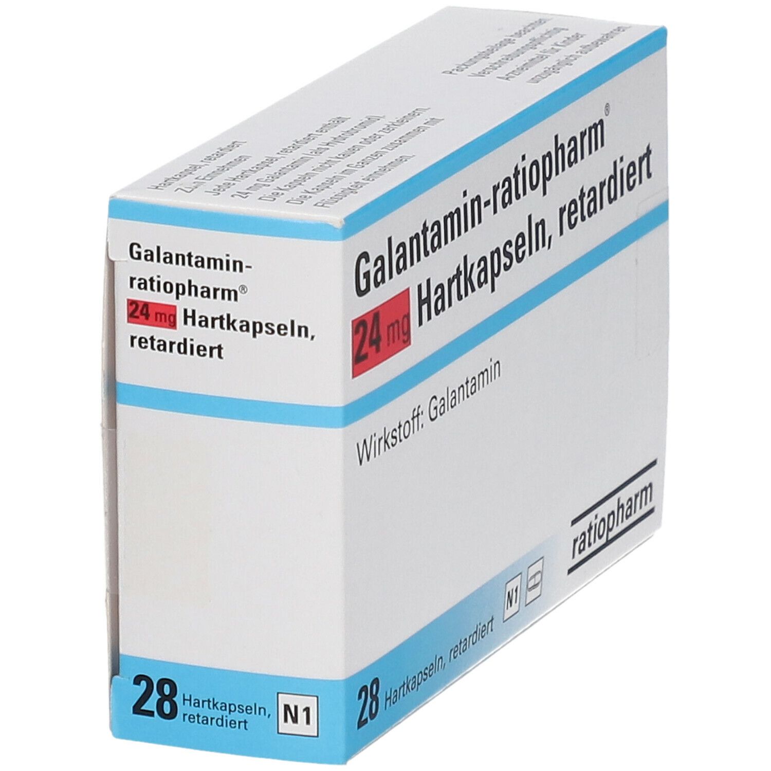 Schachtel Galantamin-ratiopharm® 24 mg Hartkapseln, retardiert. 28 Kapseln. Wirkstoff: Galantamin. Marke ratiopharm. Blaue Akzente.