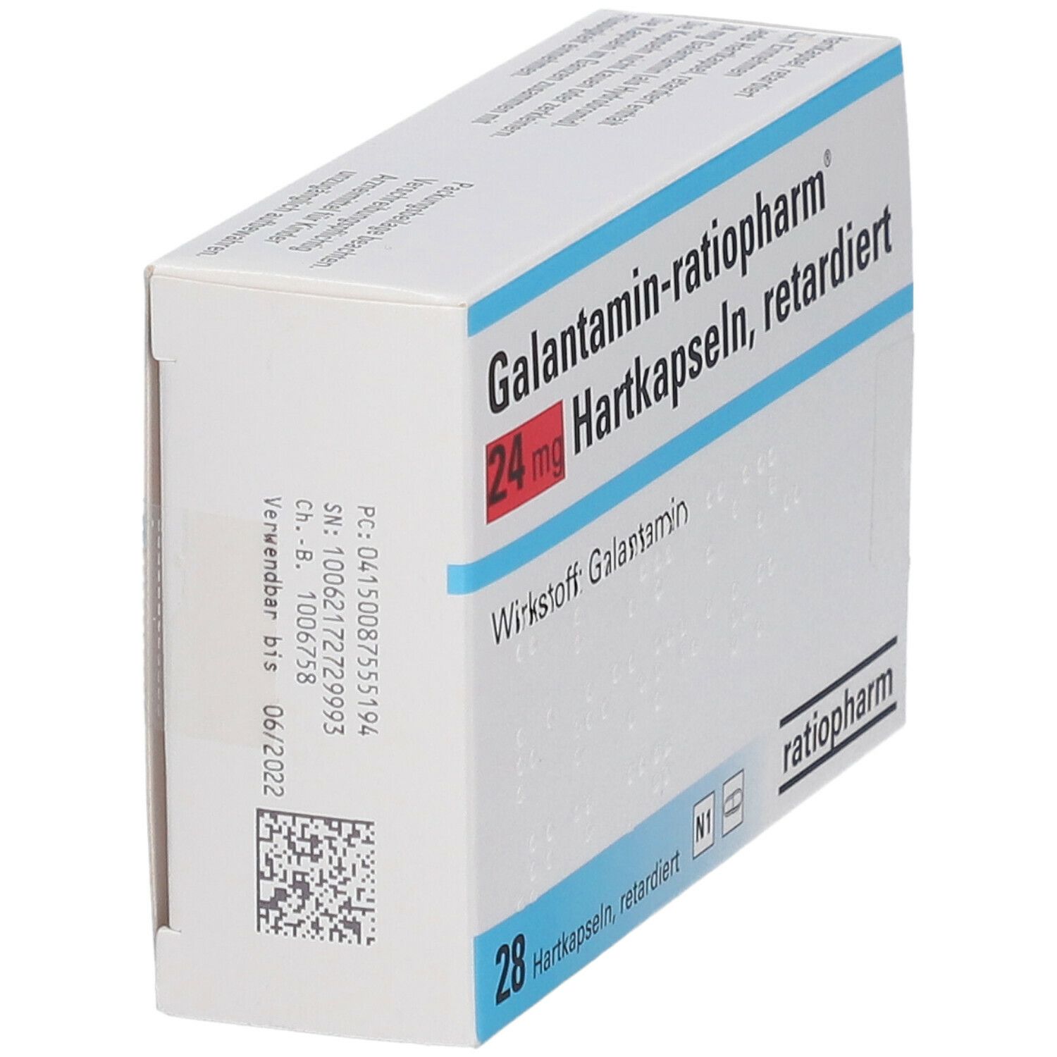 Schachtel Galantamin-ratiopharm® 24 mg Hartkapseln, retardiert. 28 Kapseln. Wirkstoff: Galantamin. Marke ratiopharm. Ansicht von oben.