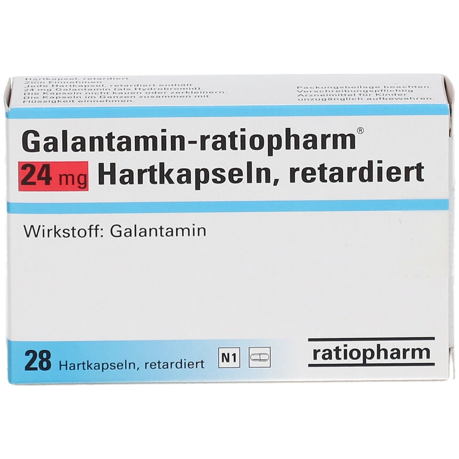 Schachtel Galantamin-ratiopharm® 24 mg Hartkapseln, retardiert. 28 Kapseln. Wirkstoff: Galantamin. Marke ratiopharm.