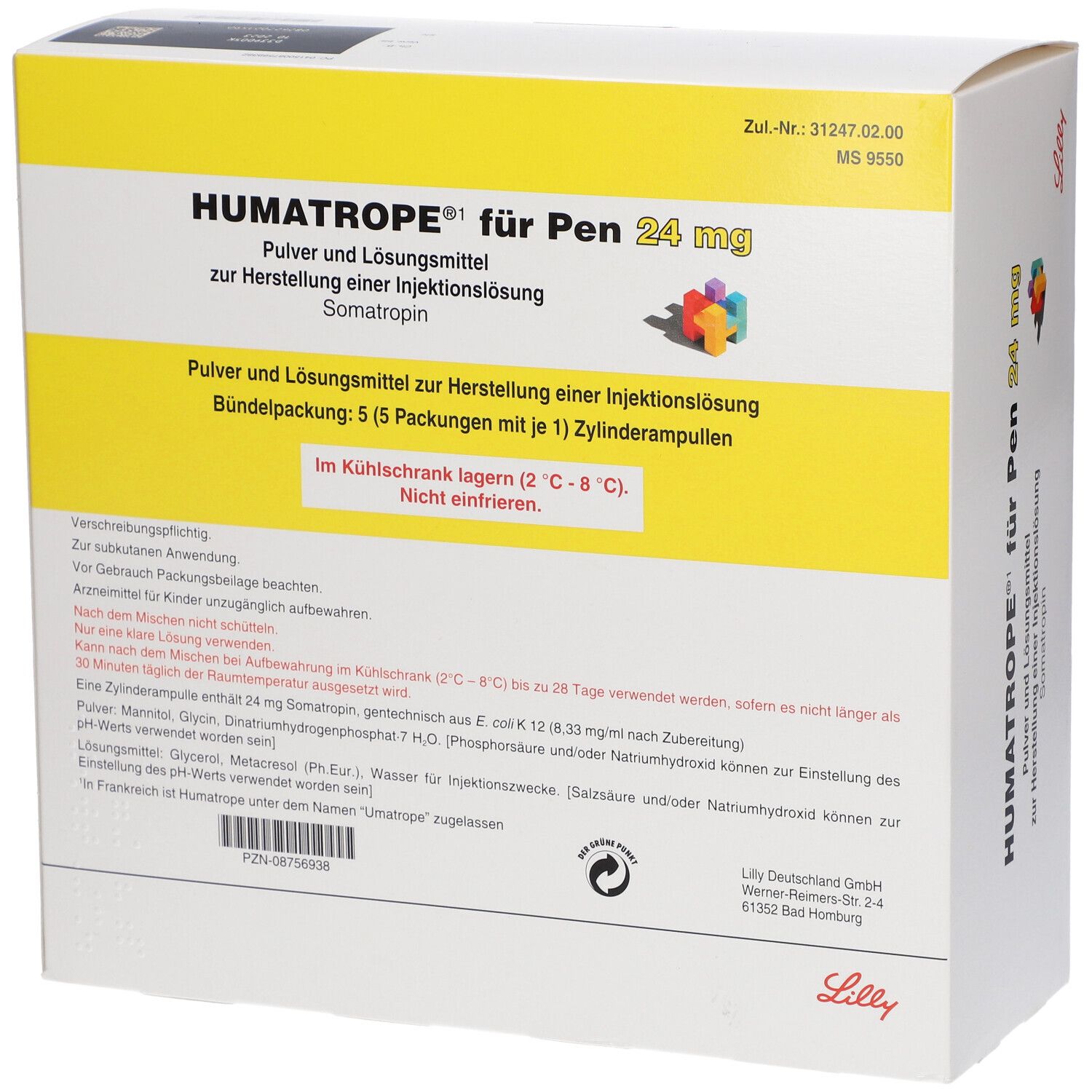 Humatrope für Pen 24 mg-Packung. Enthält Pulver und Lösungsmittel zur Herstellung einer Injektionslösung. Lilly-Logo.
