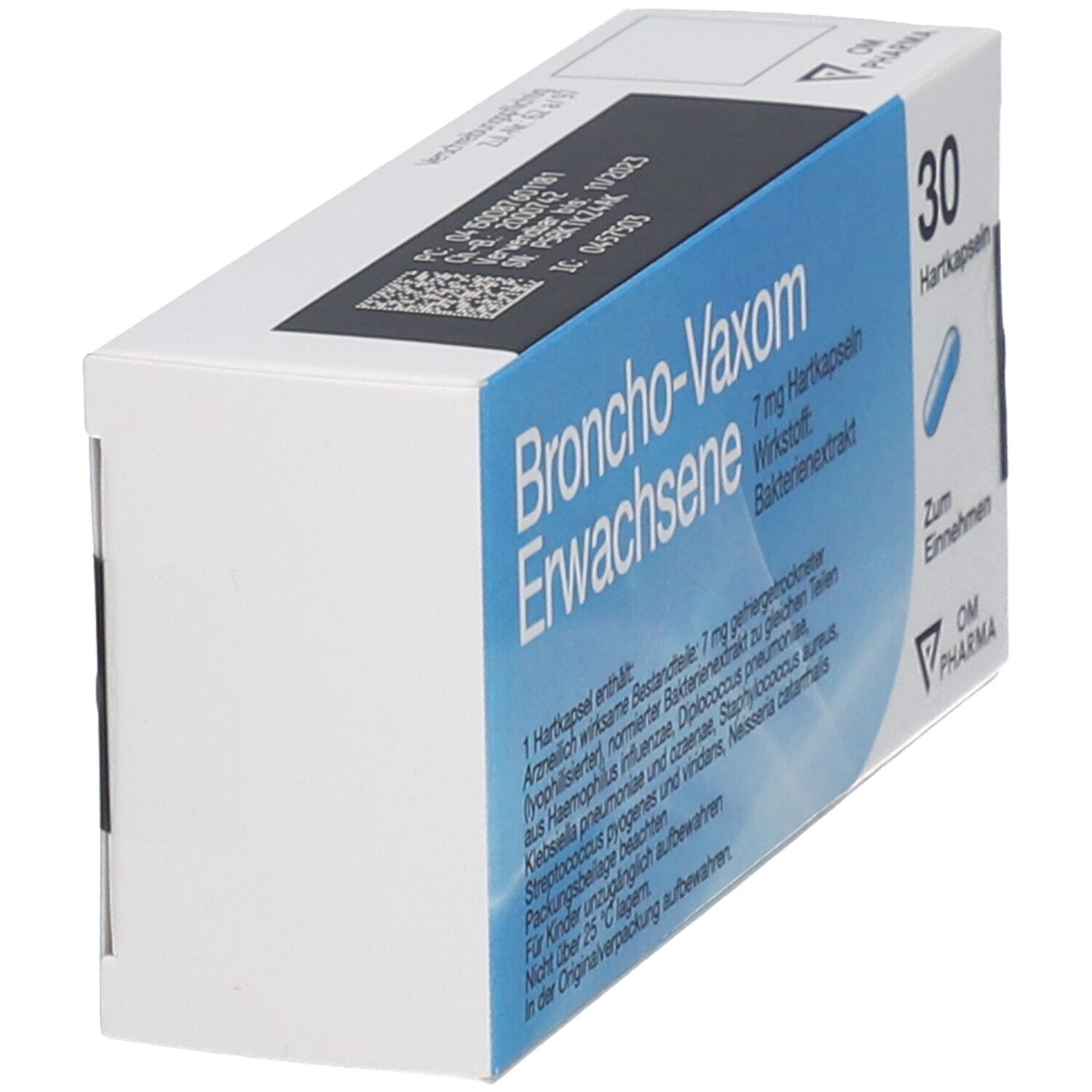 Schachtel "Broncho-Vaxom Erwachsene" mit Inhaltsangaben. 30 Hartkapseln. Blaue Kapsel-Illustration.