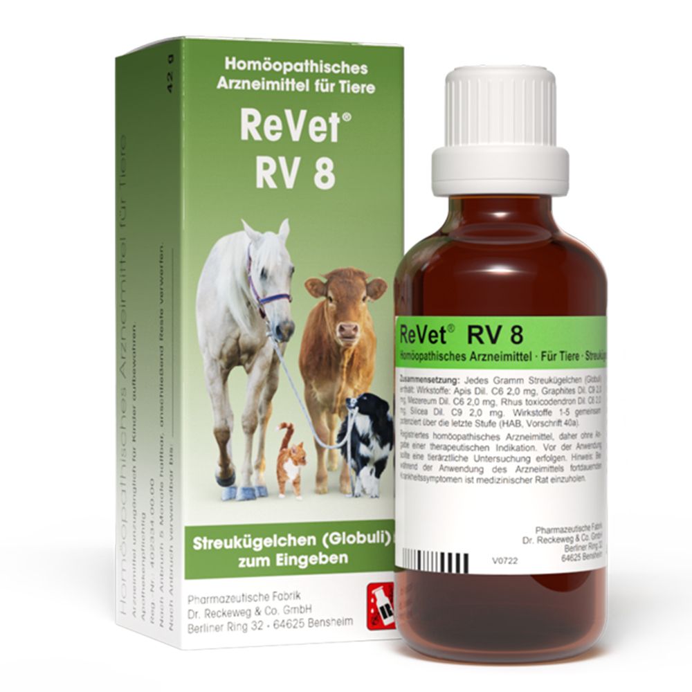 Braune Glasflasche mit weißem Deckel und grüner Verpackung. Aufschrift: ReVet RV 8. Abgebildet sind Tiere.