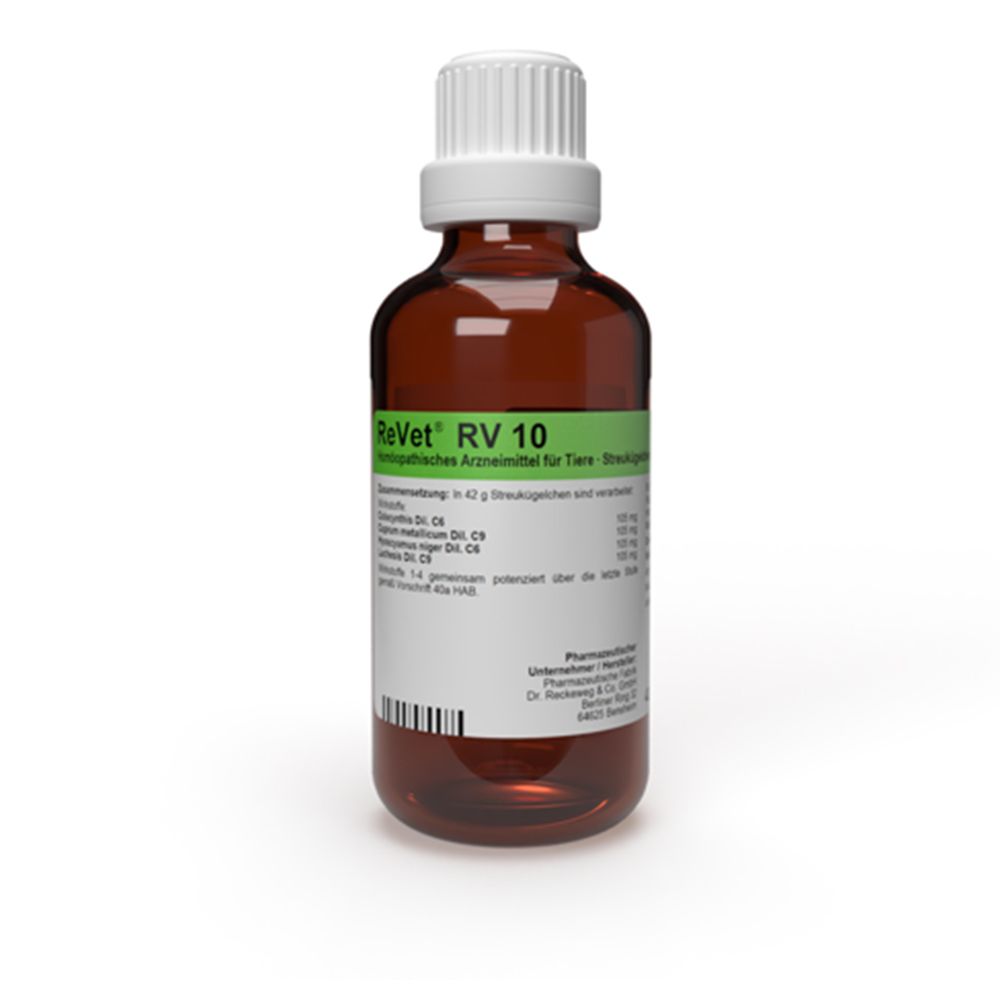 Braune Glasflasche mit weißem Deckel und grünem Etikett. Aufschrift: ReVet RV 10. Homöopathisches Arzneimittel für Tiere.