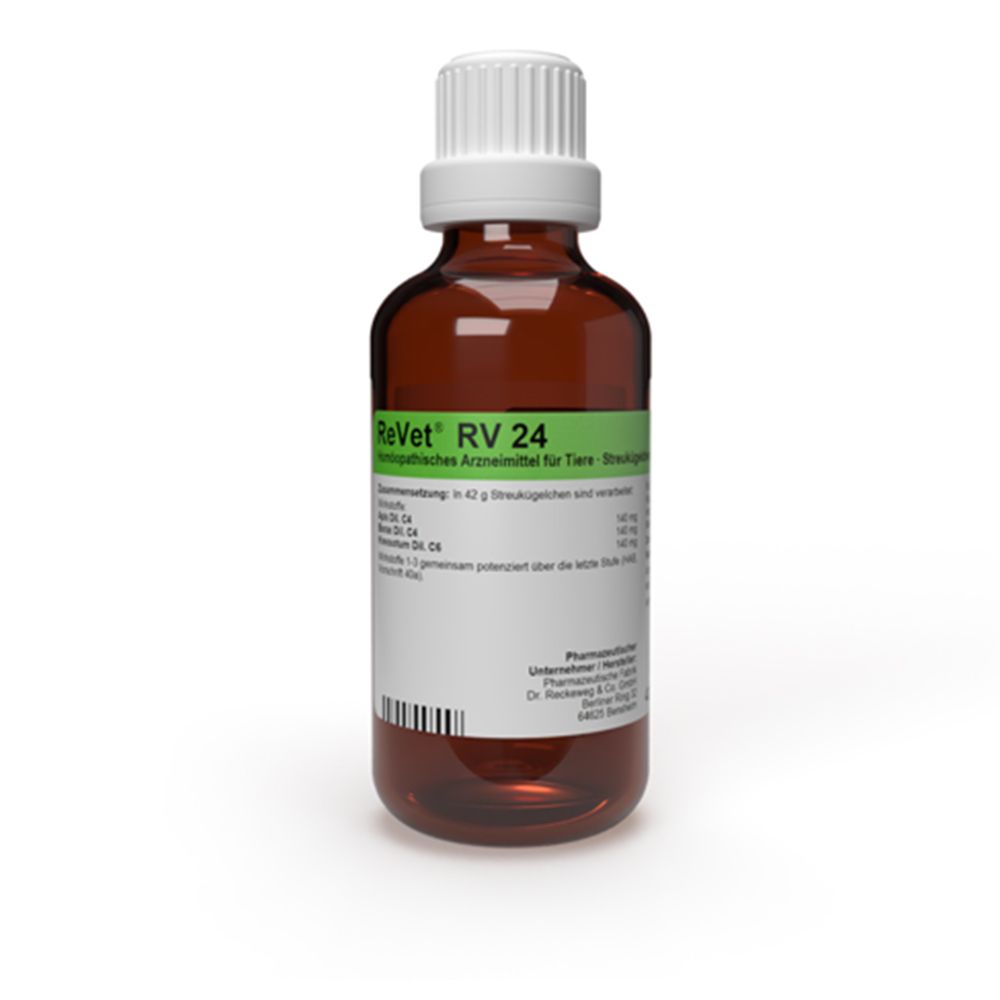 Braune Glasflasche mit weißem Deckel. Etikett mit Produktnamen und Inhaltsstoffen. Homöopathisches Arzneimittel für Tiere.