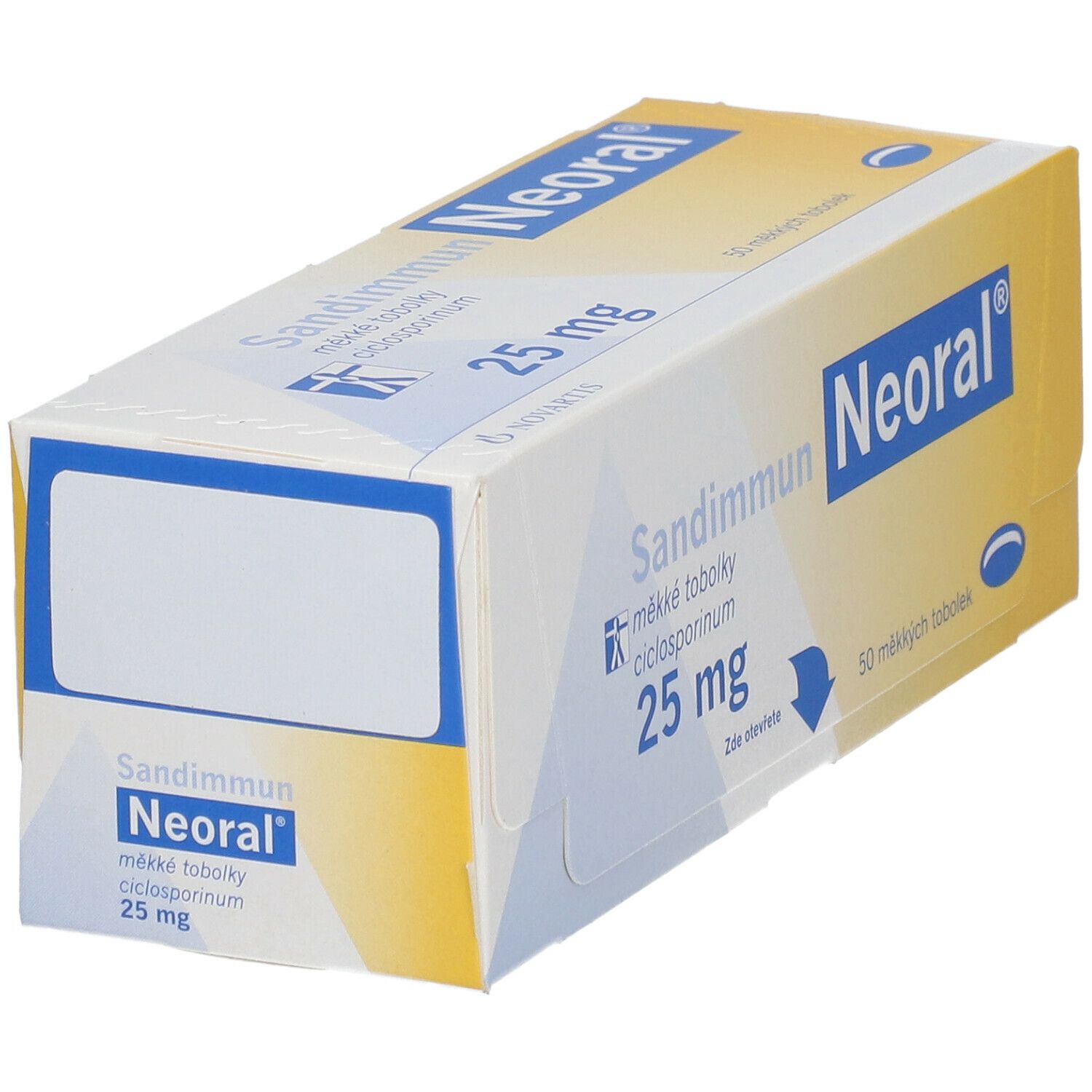 Schachtel mit SANDIMMUN Neoral 25 mg Weichkapseln. Aufschrift: Sandimmun Neoral, 25 mg, 50 Weichkapseln.