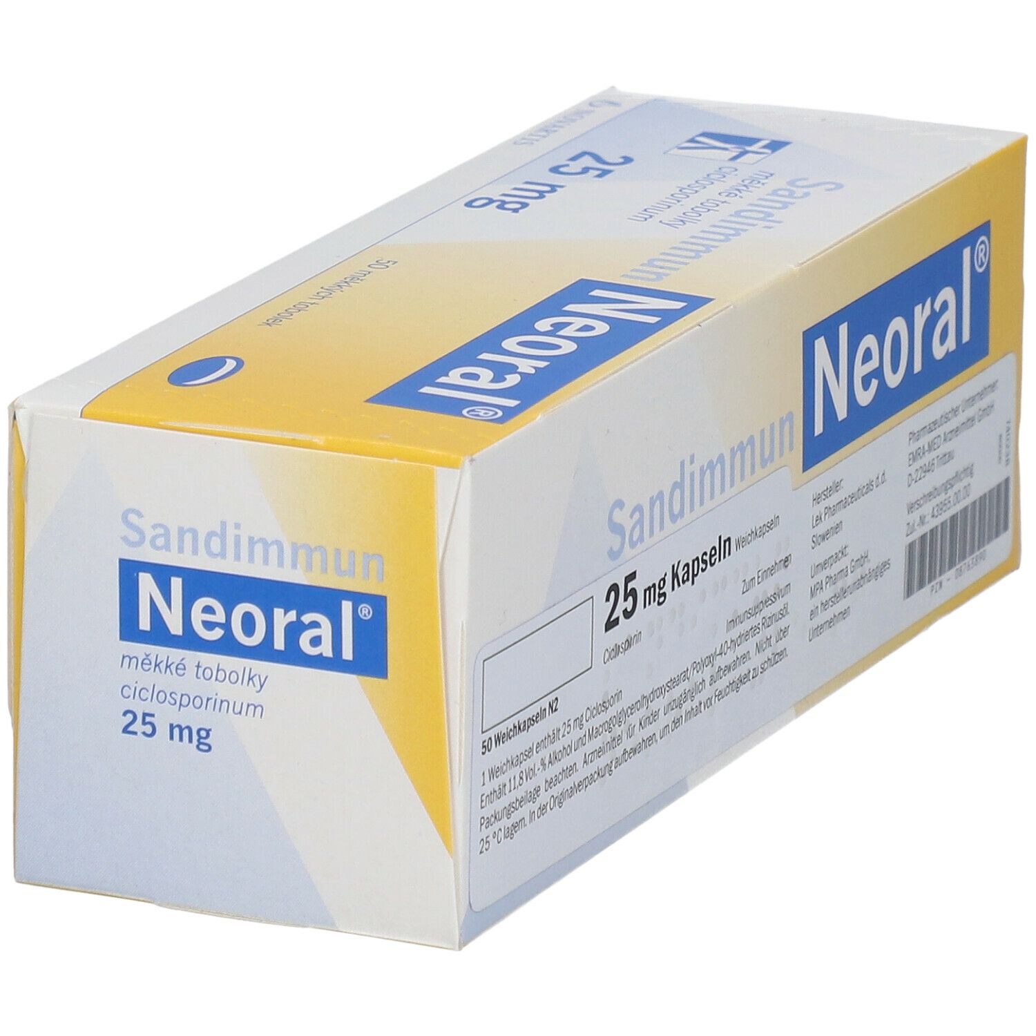 Schachtel mit SANDIMMUN Neoral 25 mg Kapseln. Aufschrift: Sandimmun Neoral, 25 mg, 50 Kapseln.