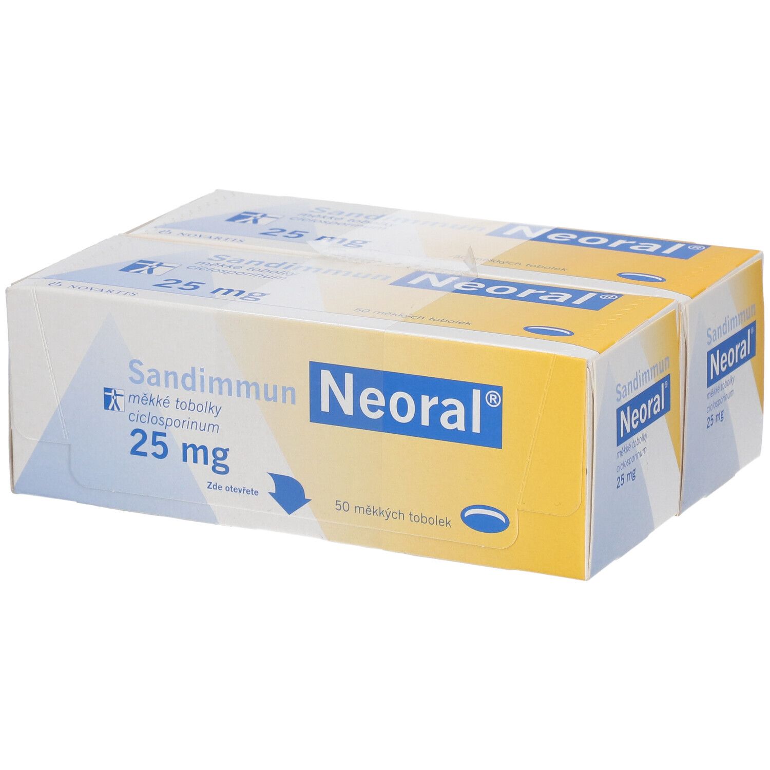 Packung Sandimmun Neoral 25 mg Weichkapseln. Aufschrift: 25 mg, 50 Weichkapseln. Gelb-weiße Verpackung.