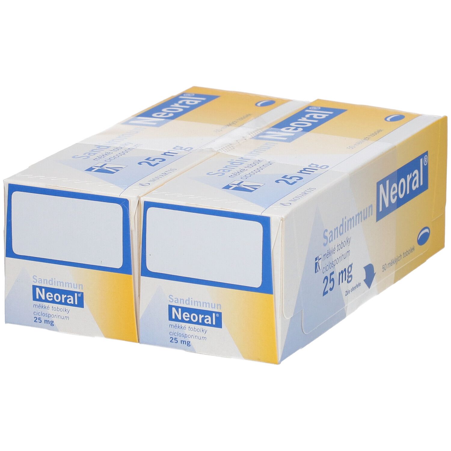 Zwei Packungen Sandimmun Neoral 25 mg Weichkapseln. Aufschrift: 25 mg, 50 Weichkapseln. Gelb-weiße Verpackung.