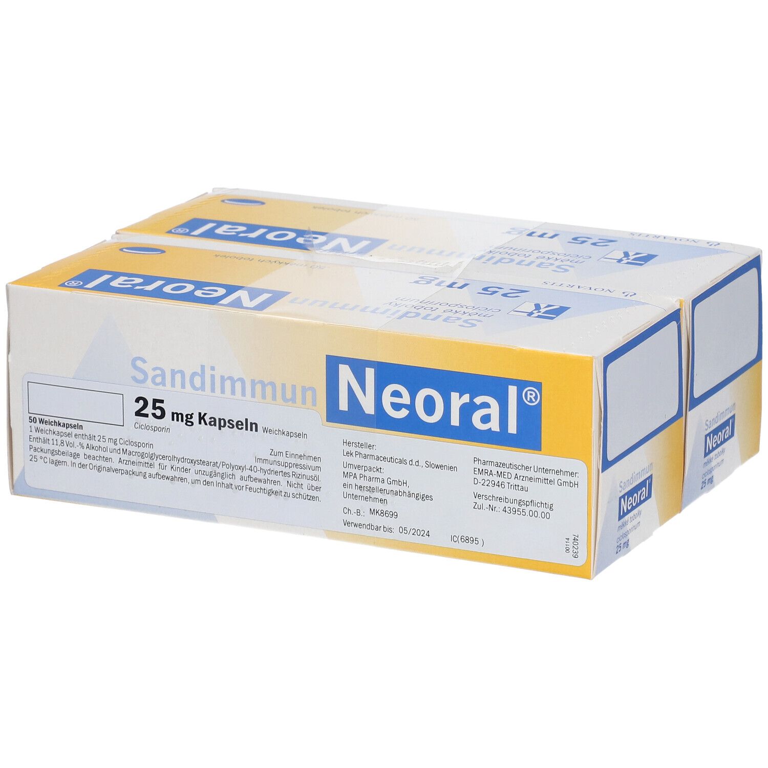 Zwei Packungen Sandimmun Neoral 25 mg Kapseln. Aufschrift: 25 mg, 50 Kapseln. Gelb-weiße Verpackung.