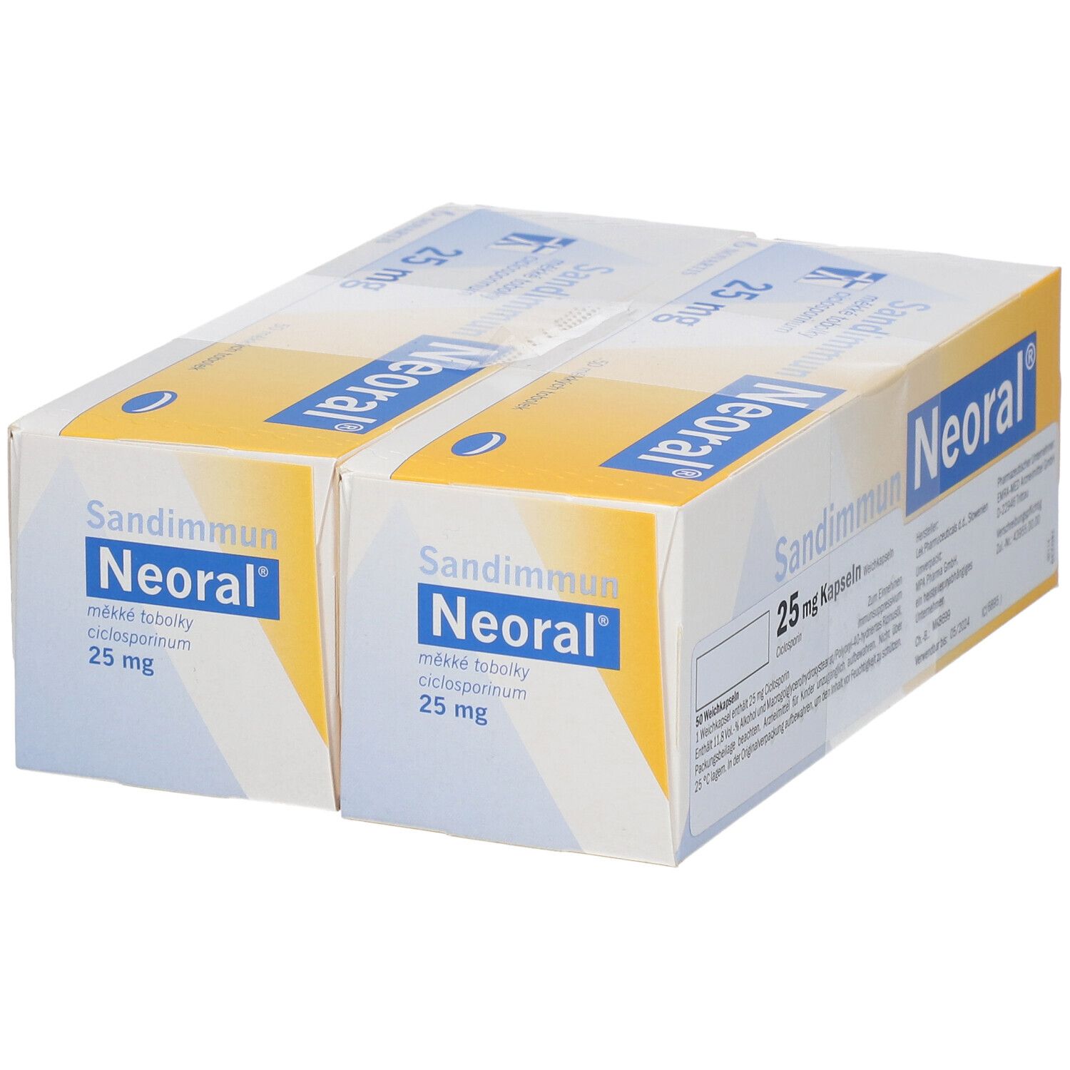 Zwei Packungen Sandimmun Neoral 25 mg Kapseln. Aufschrift: 25 mg, 50 Kapseln. Gelb-weiße Verpackung.