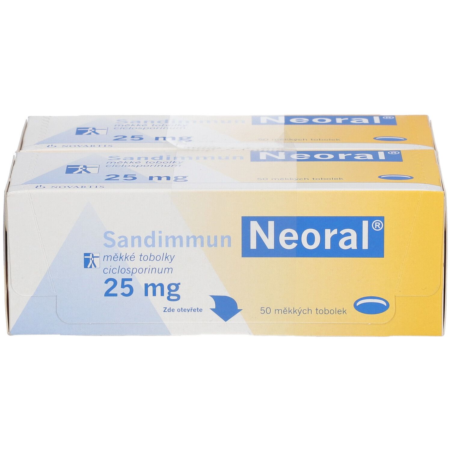 Zwei Packungen Sandimmun Neoral 25 mg Weichkapseln. Aufschrift: 25 mg, 50 Weichkapseln. Gelb-weiße Verpackung.