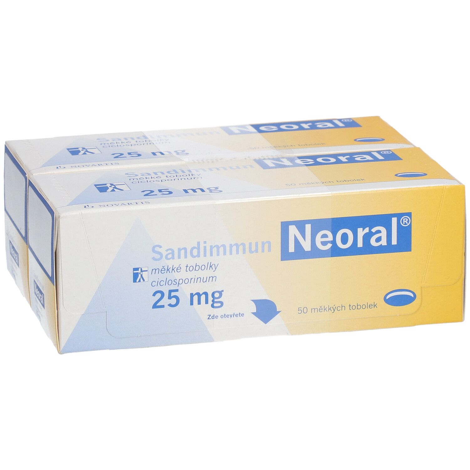 Zwei Packungen Sandimmun Neoral 25 mg Weichkapseln. Aufschrift: 25 mg, 50 Weichkapseln. Gelb-weiße Verpackung.