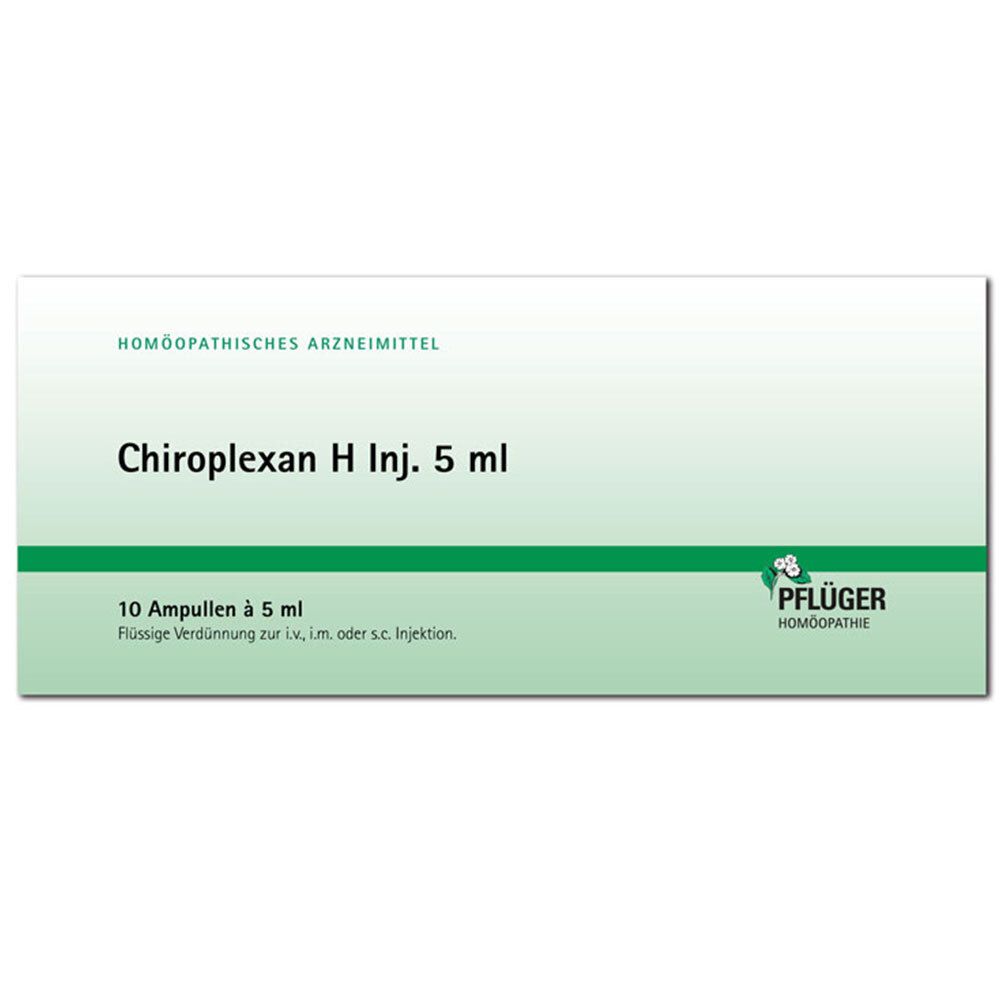 Schachtel mit Chiroplexan H Inj. 5 ml. 10 Ampullen. Pflüger Homöopathie. Homöopathisches Arzneimittel.