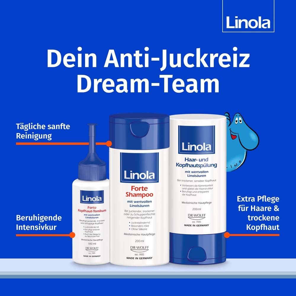 Blauer Hintergrund mit Produkten. Dein Anti-Juckreiz Dream-Team. Shampoo, Intensivkur, Haarspülung.