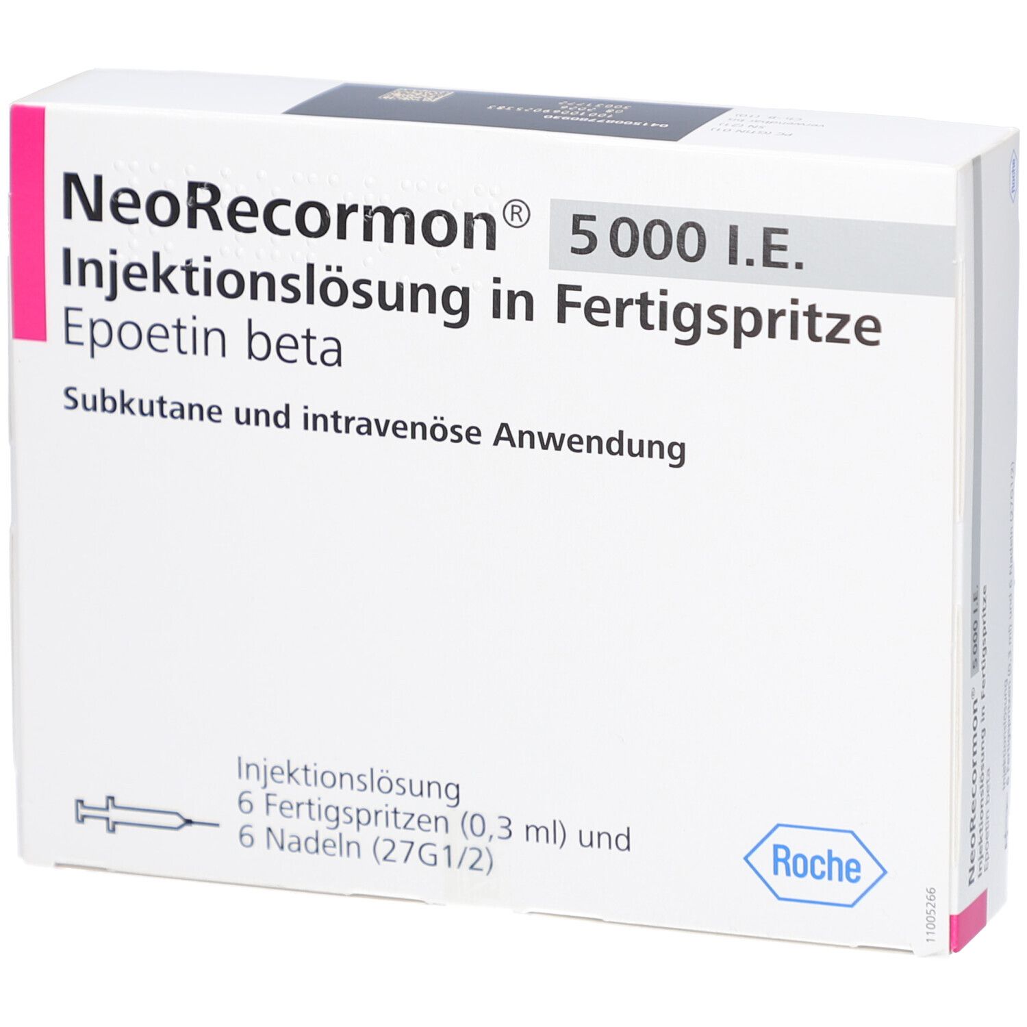 Weiße Verpackung mit Produktnamen NeoRecormon® 5000 I.E. und weiteren Informationen. Enthält 6 Fertigspritzen und Nadeln.
