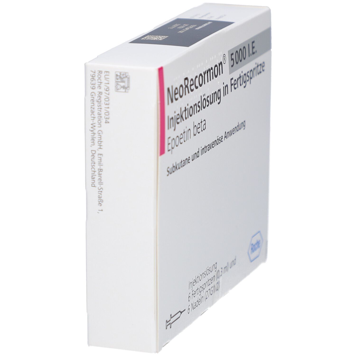 Weiße Verpackung mit Produktinformationen. Seitenansicht mit Text und Logo Roche. Enthält Informationen zur Herstellung.