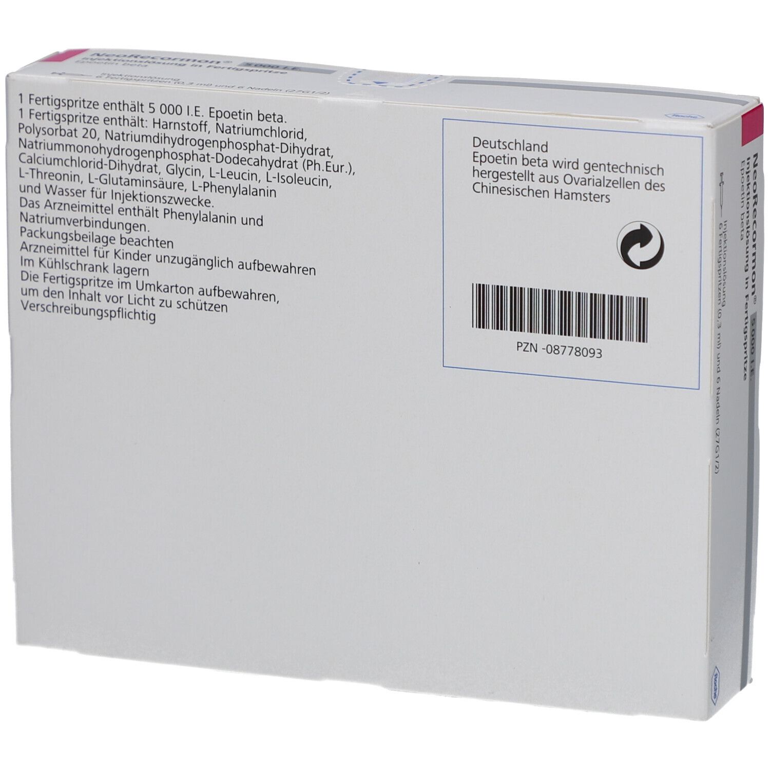 Rückseite der weißen Verpackung mit Produktinformationen. Enthält Text, Barcode und Herstellerangaben.