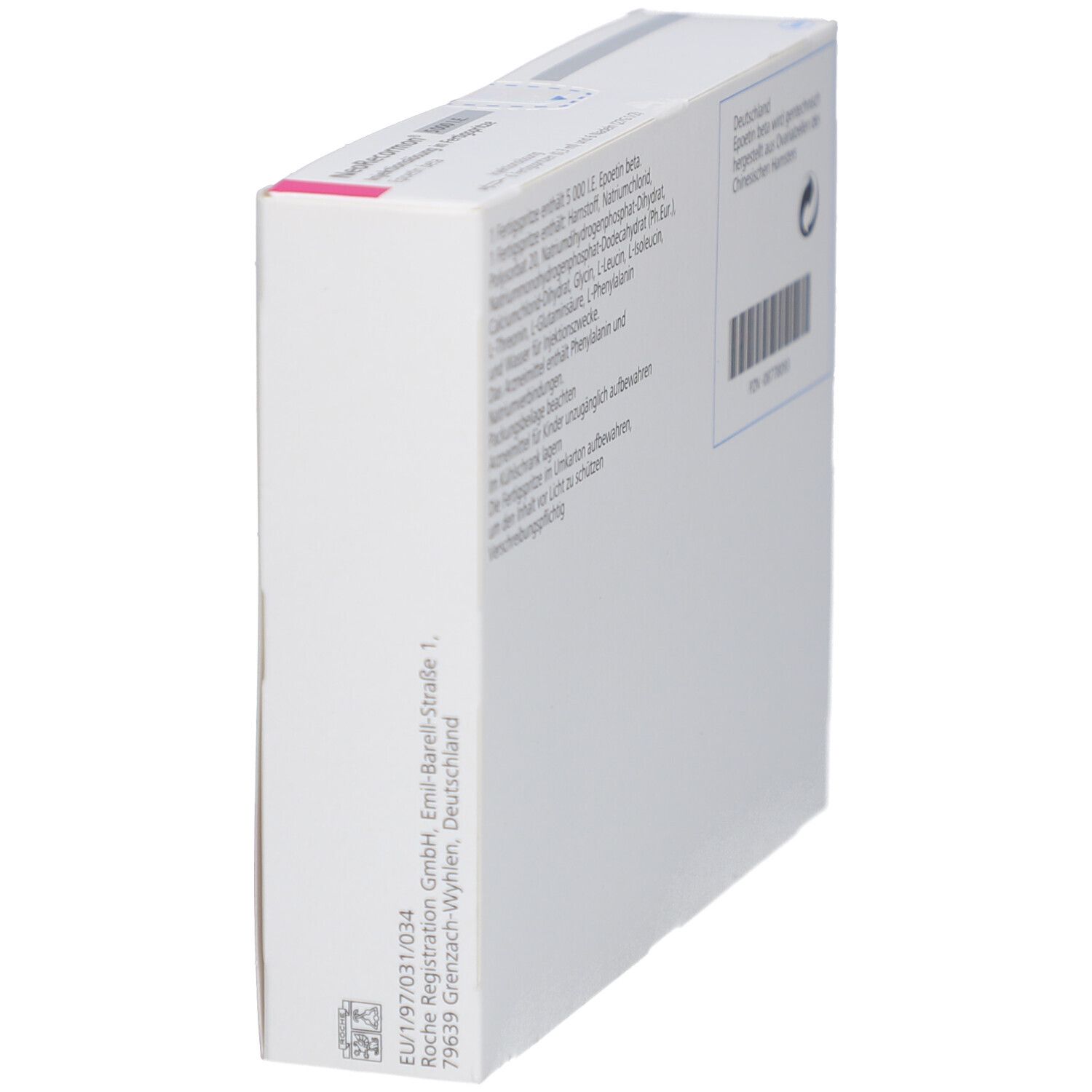 Seitenansicht der weißen Verpackung. Enthält Text und Herstellerinformationen. Roche Logo sichtbar.