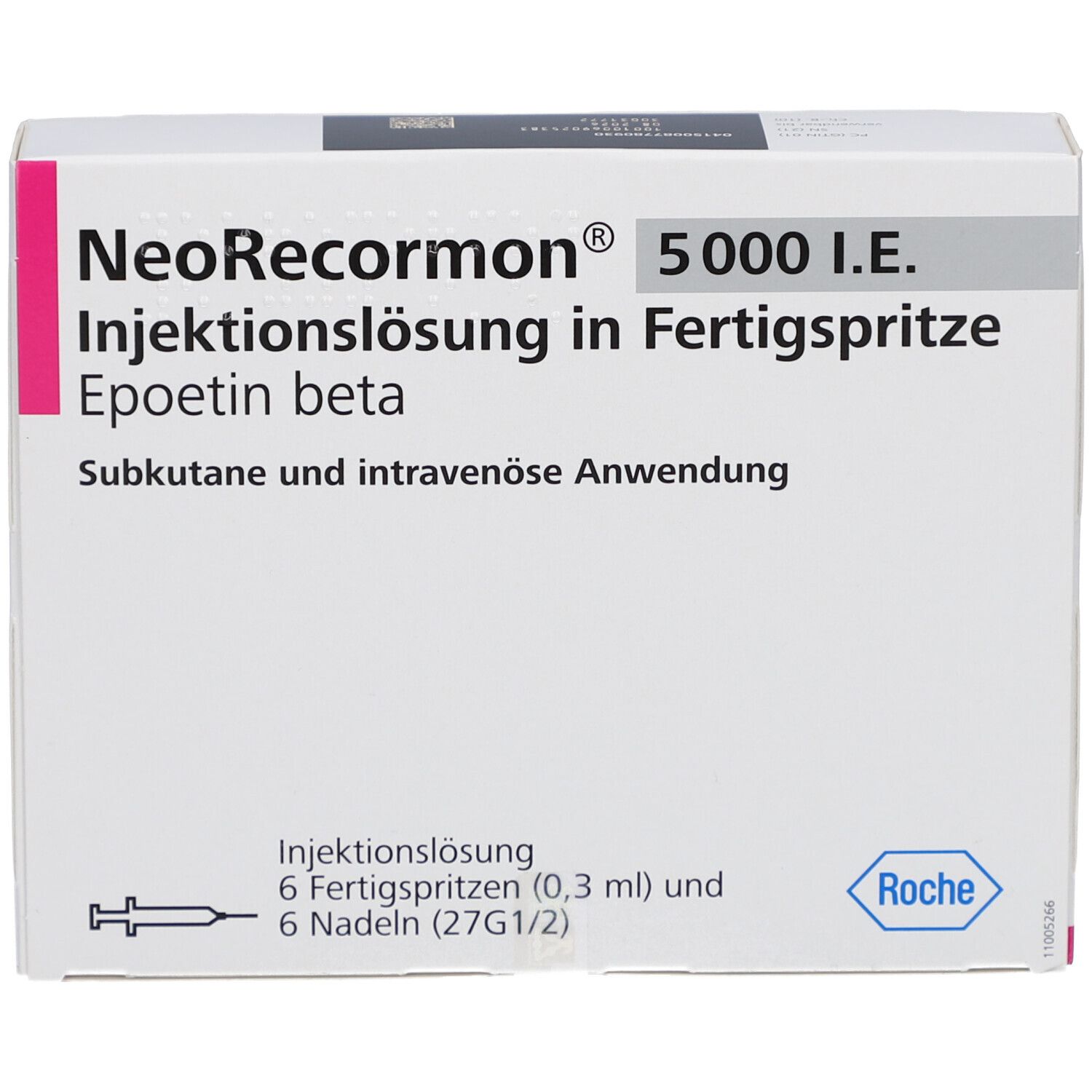 Weiße Verpackung mit Produktnamen NeoRecormon® 5000 I.E. und weiteren Informationen. Enthält 6 Fertigspritzen und Nadeln.