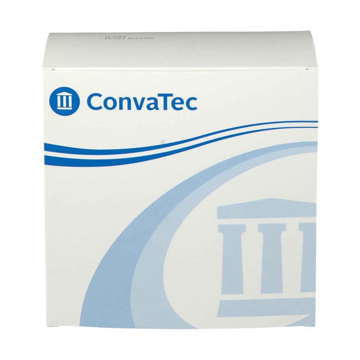 Weiße Verpackung mit blauem Logo Convatec. Abgerundete Form. Blauer geschwungener Streifen.