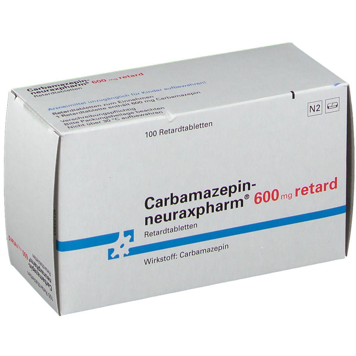 Schachtel mit Carbamazepin neuraxpharm 600 retard Tabletten. Weiße Verpackung mit blauer Schrift und Logo. 100 Retardtabletten.